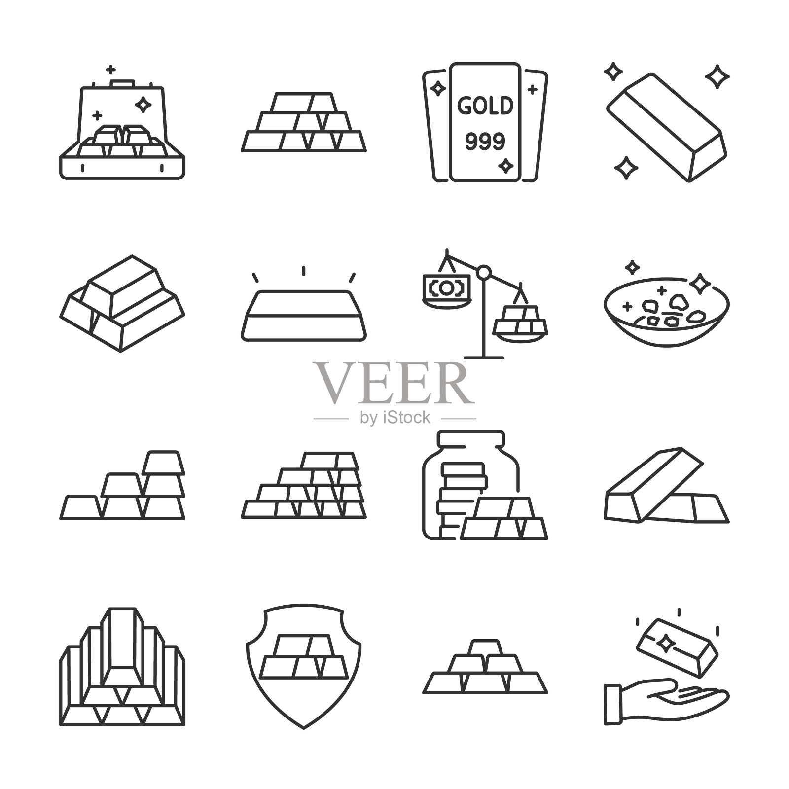 黄金的图标集。贵金属，储藏投资金属，线性图标收藏。线条与可编辑的笔画图标素材