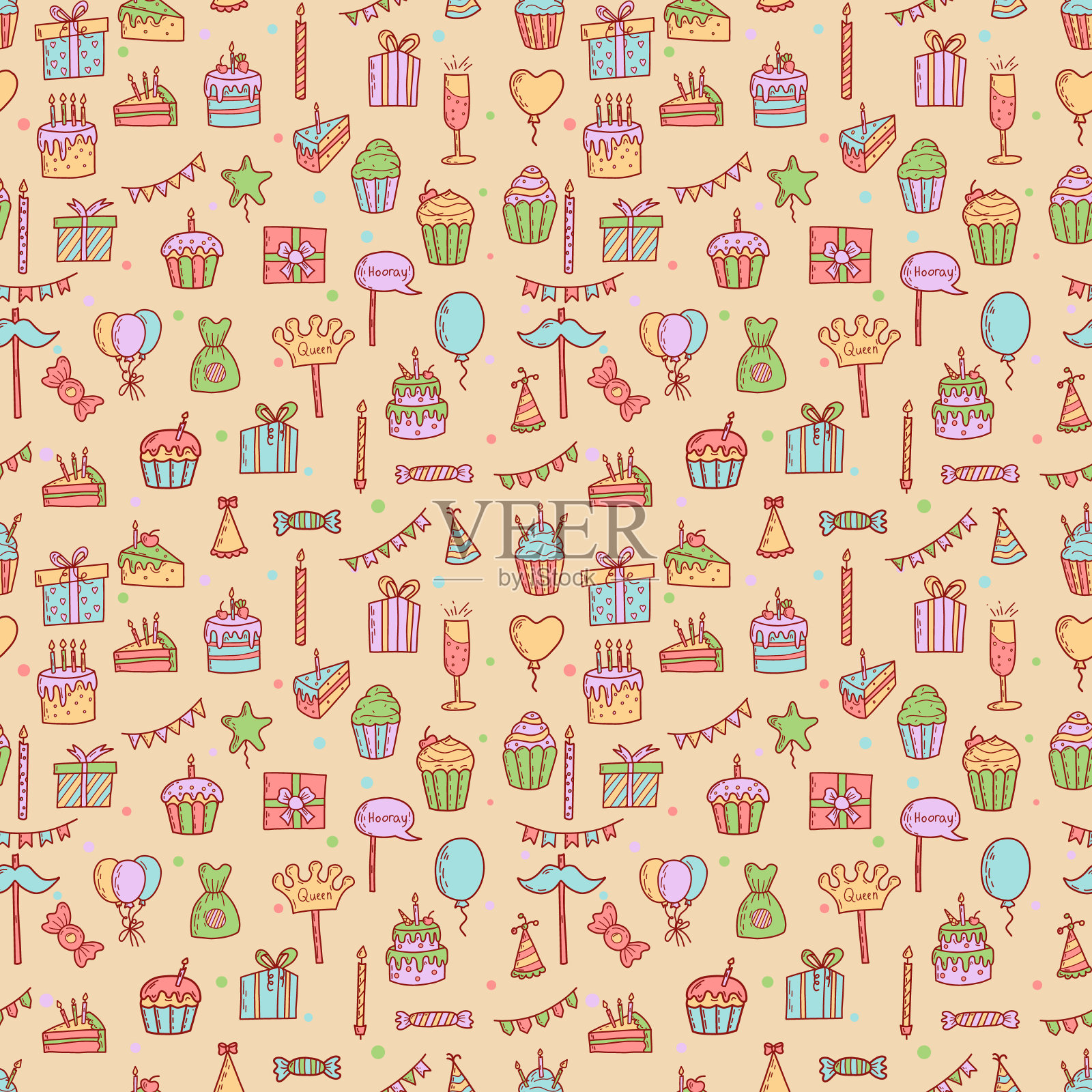 生日祝福晚会装饰无缝图案。礼物，纸杯蛋糕，庆祝蛋糕插画图片素材