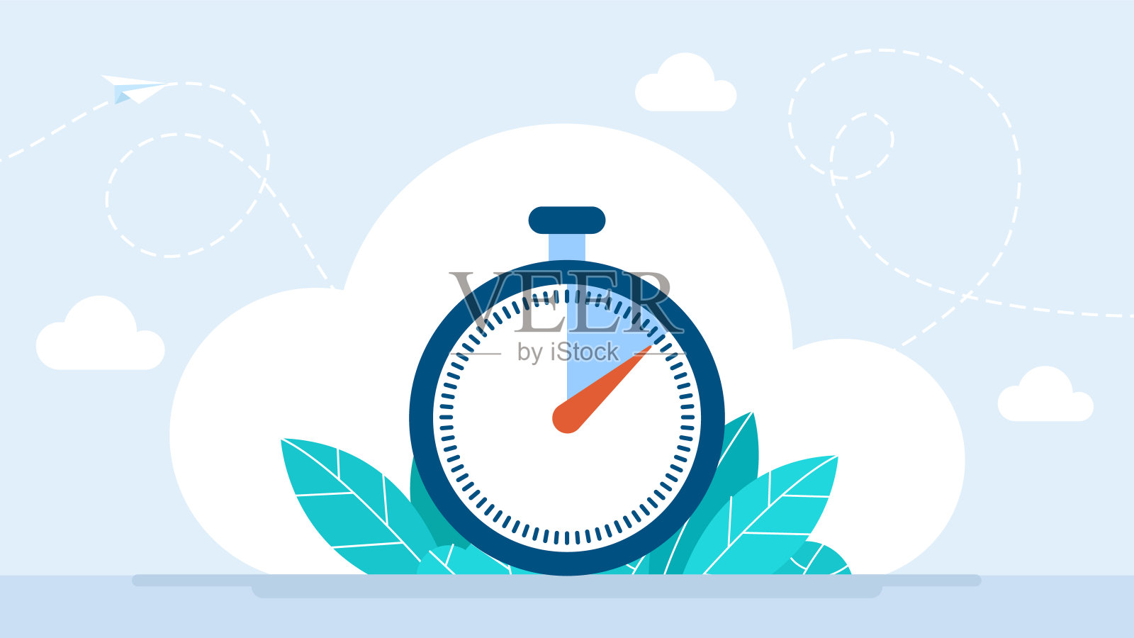 秒表。时间管理的概念。期限,守时。时间控制、规划。蓝色秒表，白色表盘，红色指针。定时和守时，最后期限。矢量插图平面设计。插画图片素材