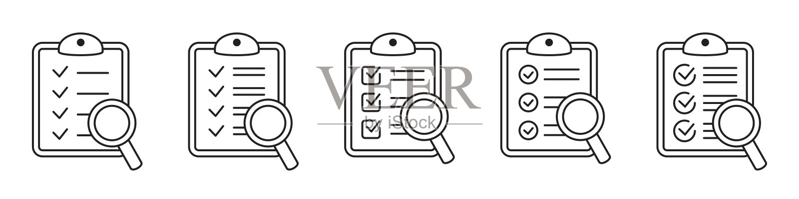 剪贴板与放大镜放大镜图标，业务概念。分析,分析图标。文件搜索图标，文件搜索，矢量隔离。图标素材