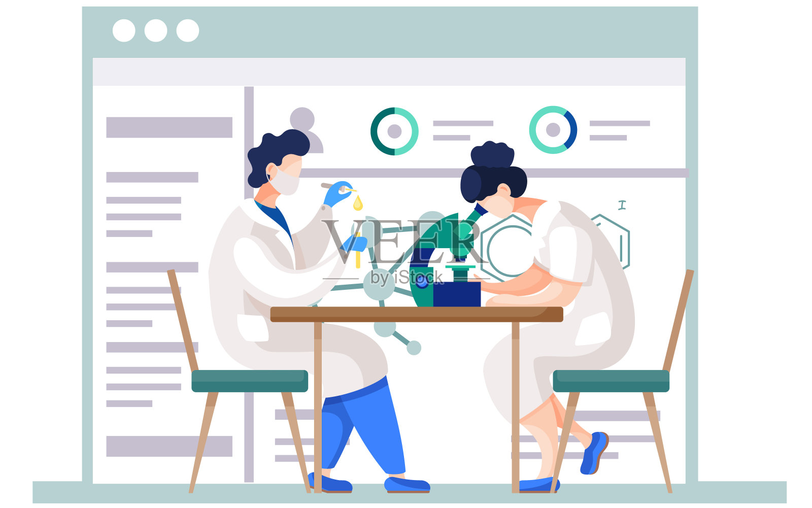 透过显微镜看的女人。那家伙用吸管把血滴进试管里。化学的海报插画图片素材