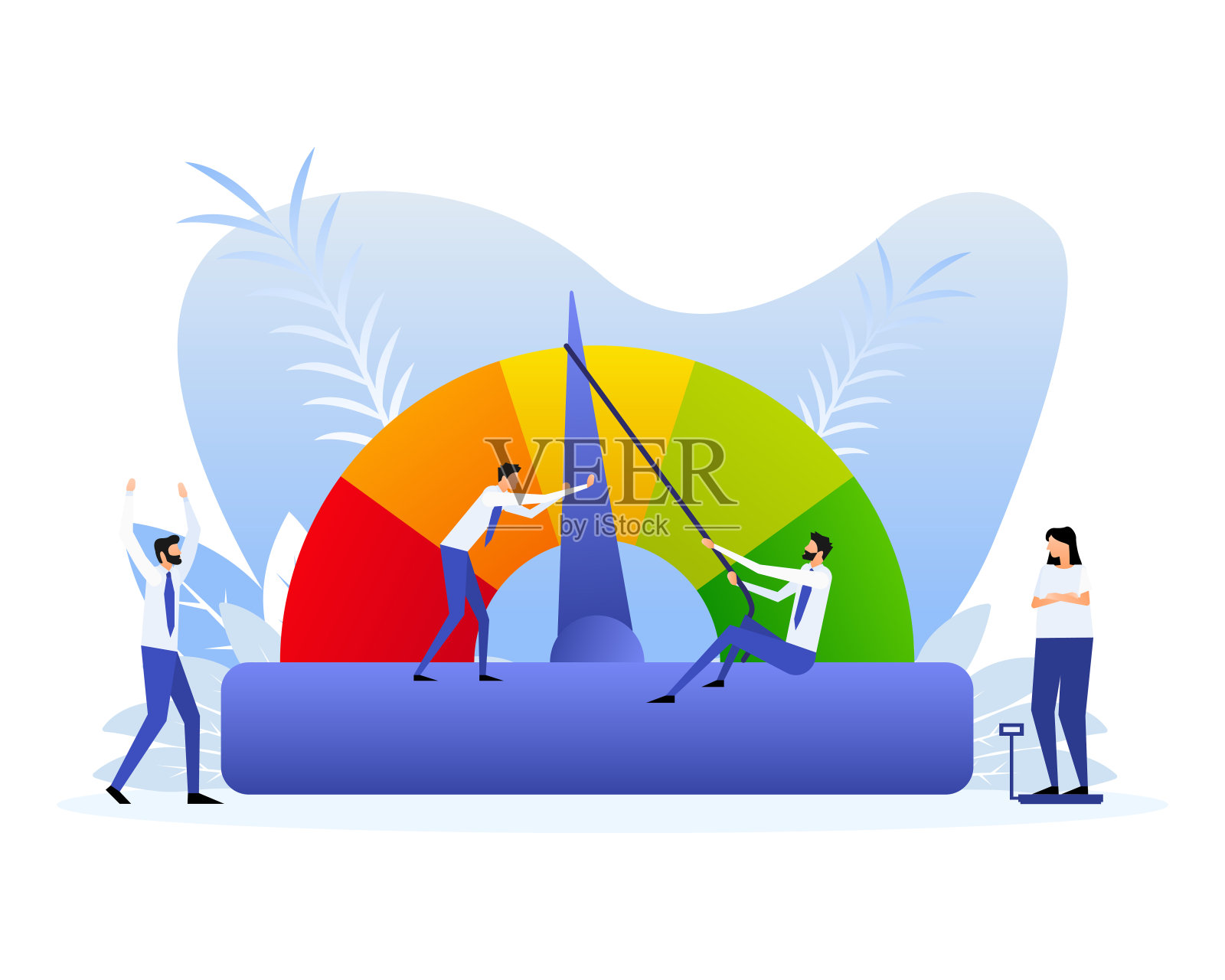 信用评分速度计在白色背景。风格平淡的人插画图片素材