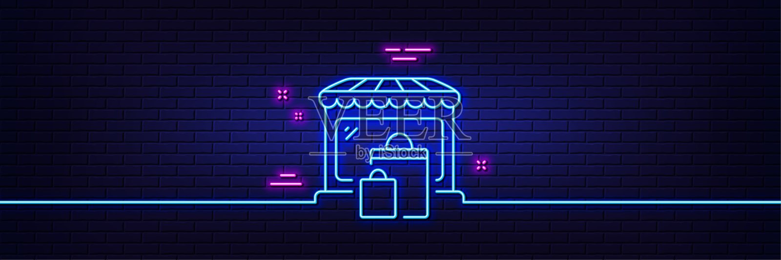 市场线图标。购物袋的迹象。霓虹灯发光效果。向量插画图片素材