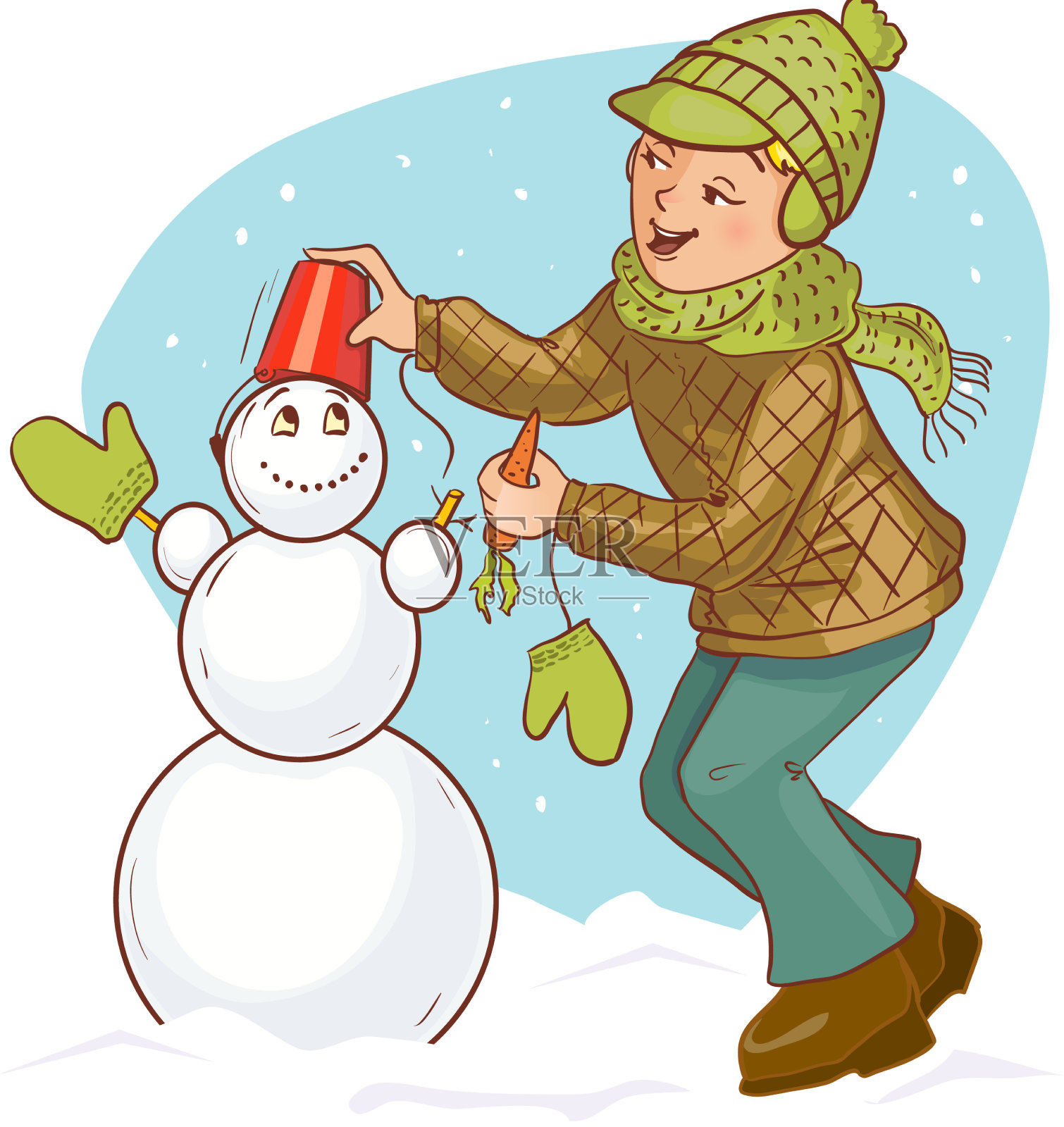 小卡通男孩在堆雪人设计元素图片