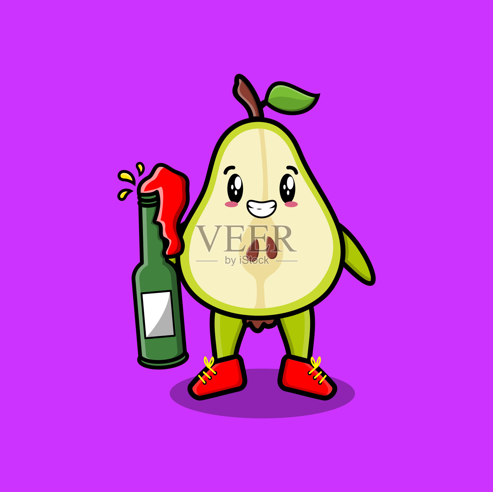 可爱的卡通梨水果和苏打水瓶插画图片素材