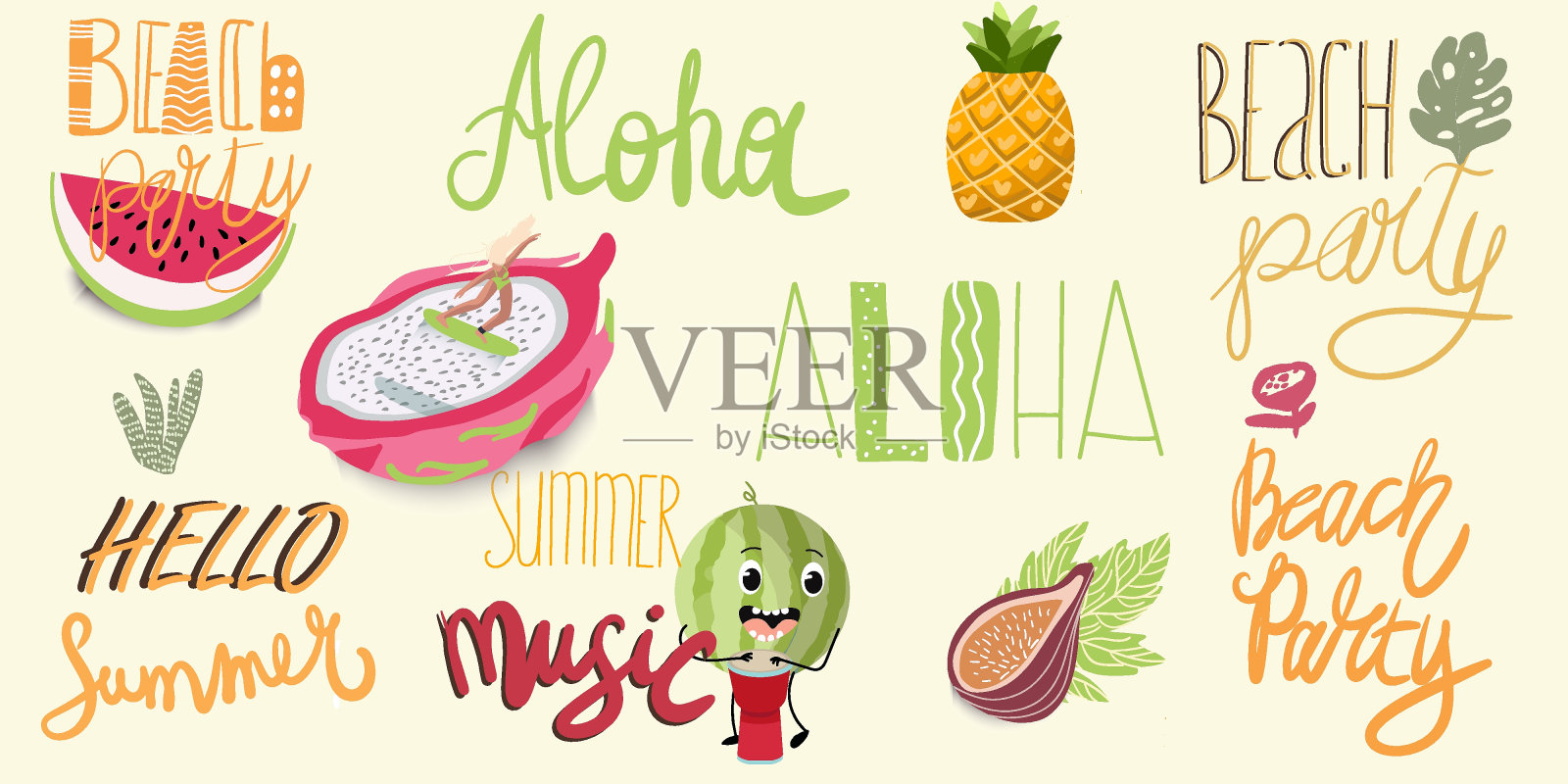 字体，手绘标签和元素的暑假，旅游，海滩度假，阳光。矢量插图。插画图片素材