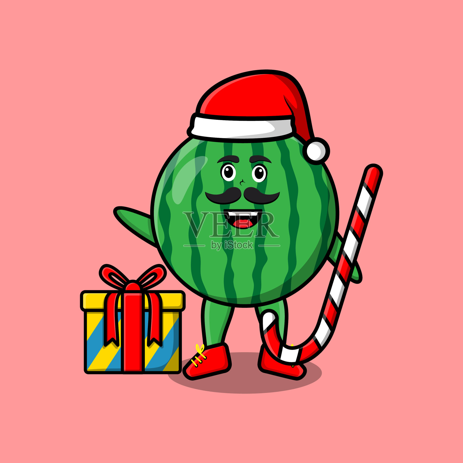 卡通椰子圣诞老人带着拐杖糖插画图片素材