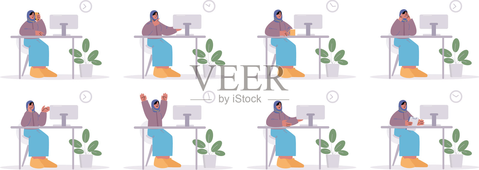 穆斯林女性上班族的不同活动插画图片素材