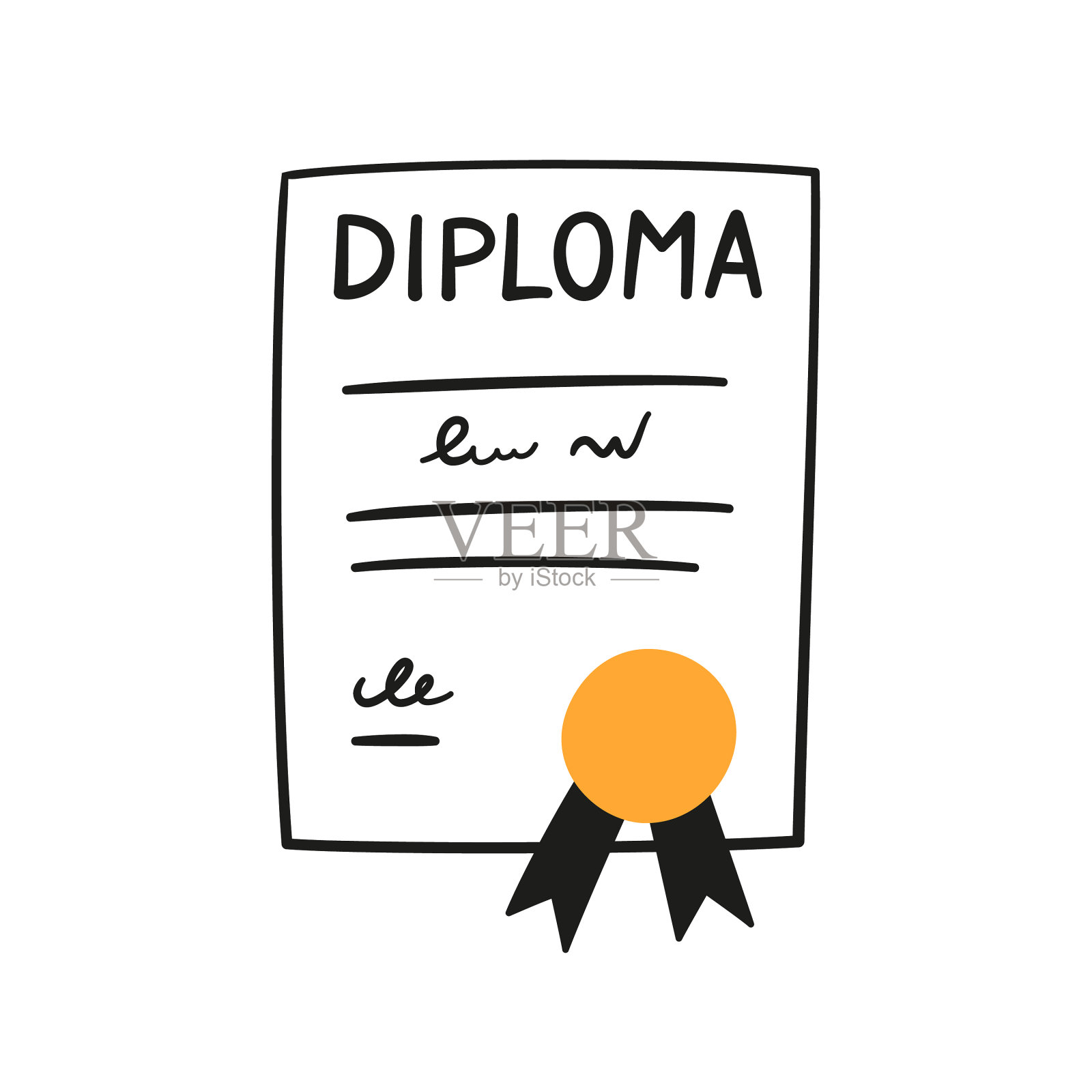 毕业证书与奖章玫瑰在涂鸦风格的手设计元素图片