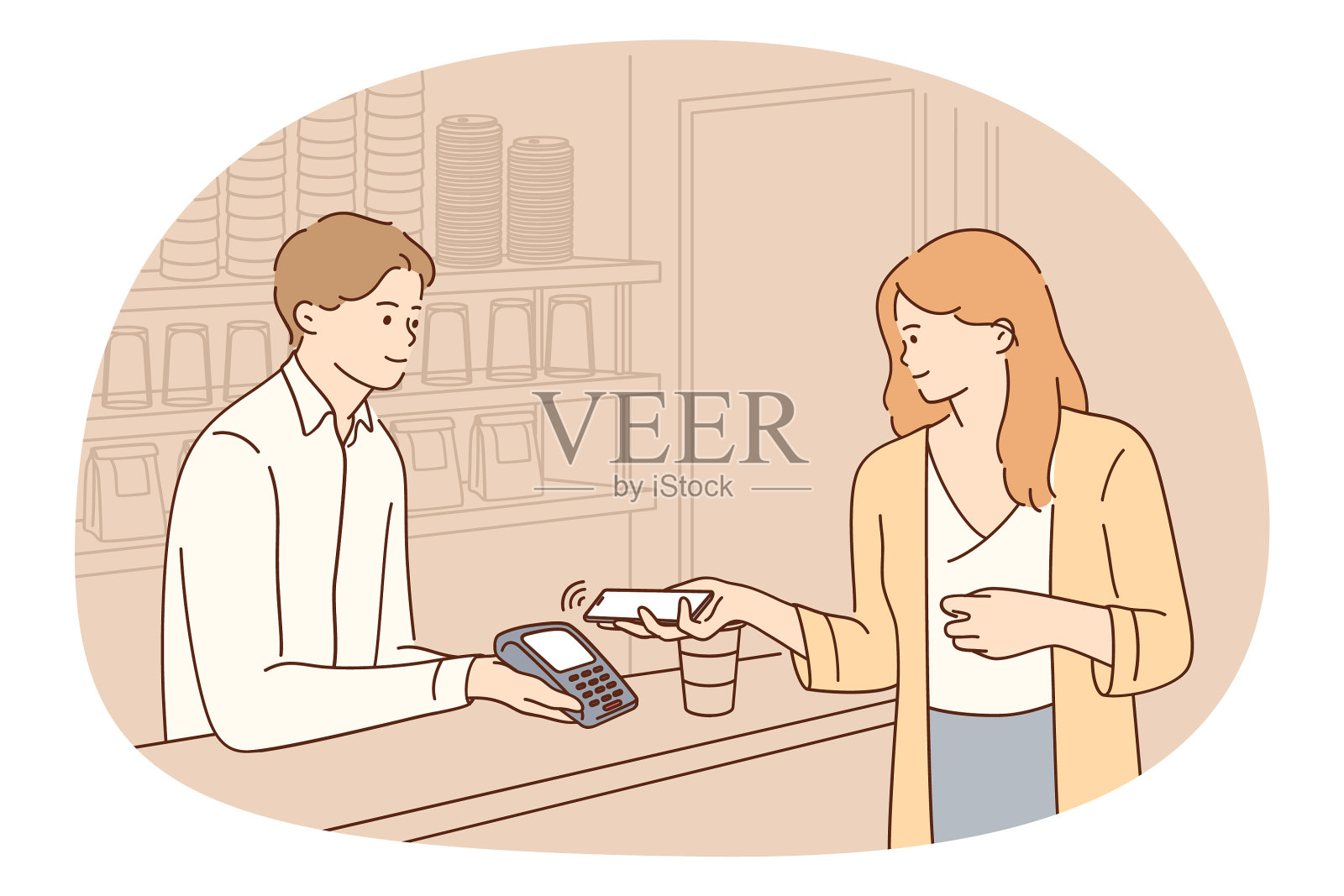 女性客户用手机非接触式支付设计元素图片