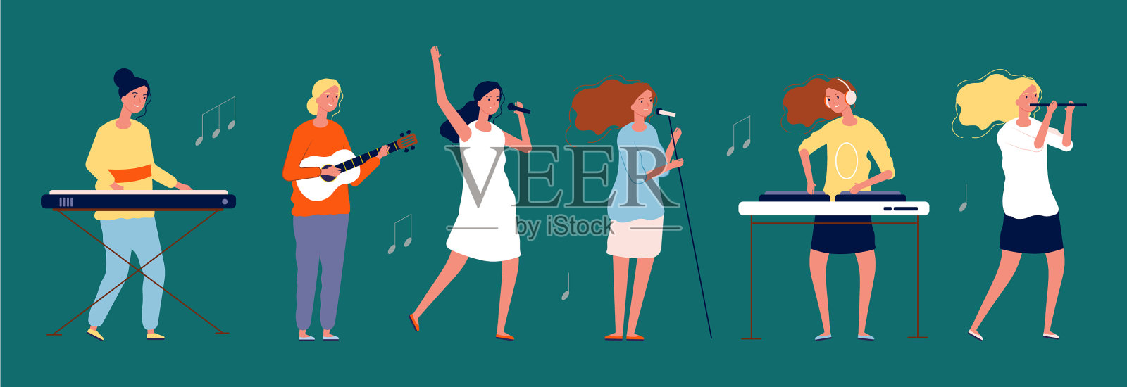女子乐队与女音乐家和歌手一起插画图片素材