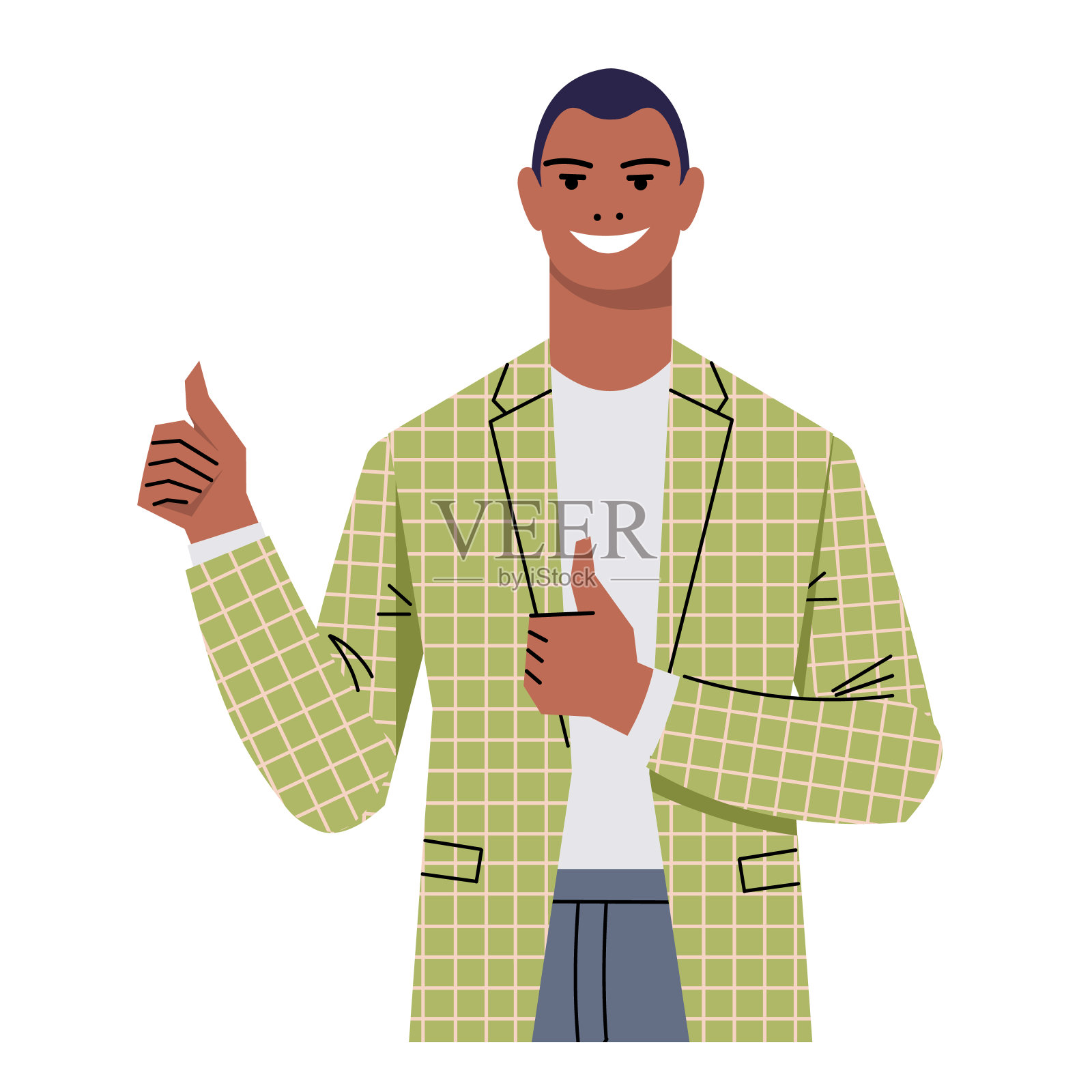 西装革履的黑人青年双手竖起大拇指。赞许的姿态，酷，好。商人，领导，办公室职员都被隔离在白色背景下。这个角色在微笑。插画图片素材