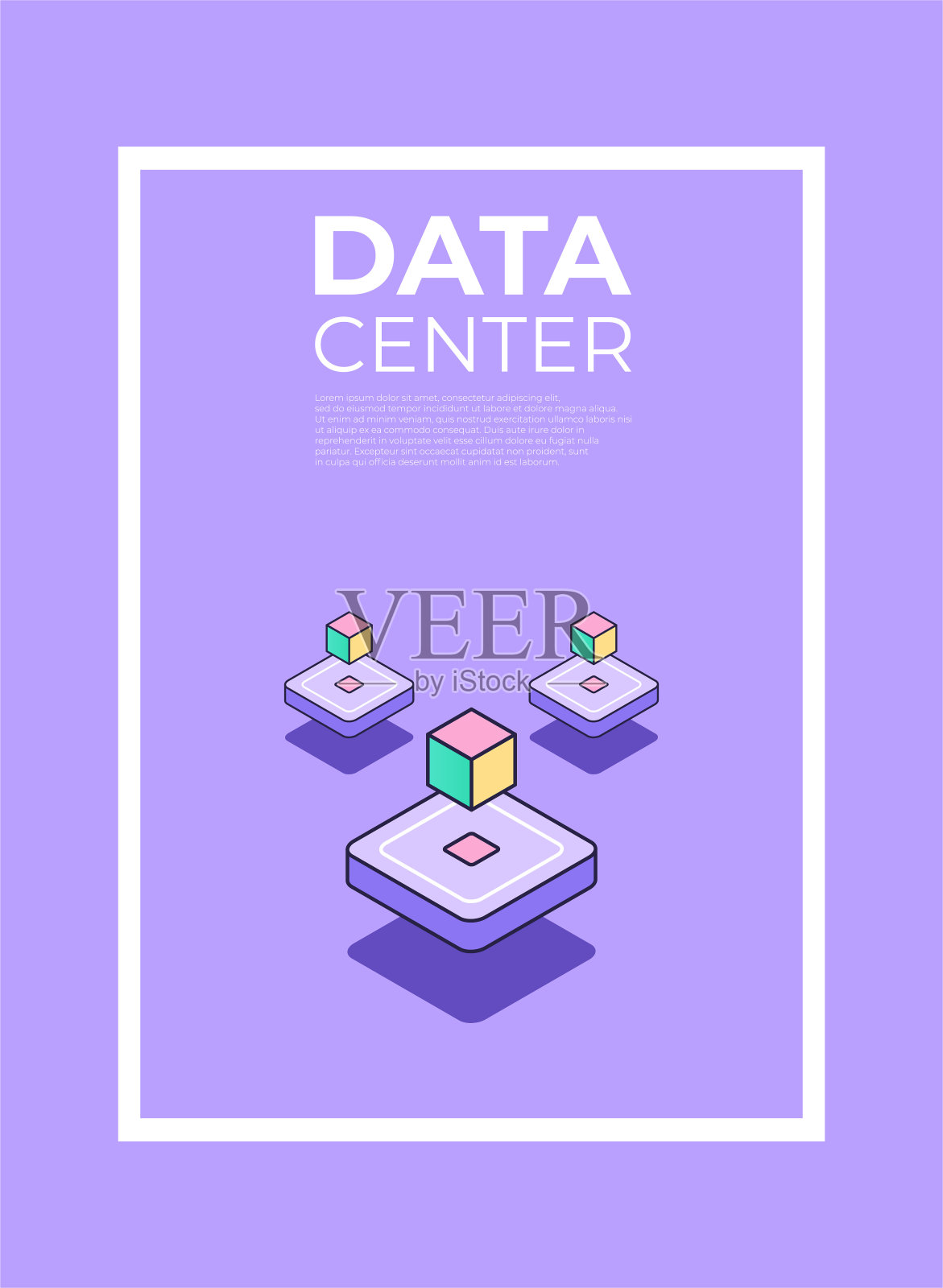 数据服务器海报概念。复古风格的云服务器技术。紫色背景上等距覆盖大数据概念。矢量图插画图片素材