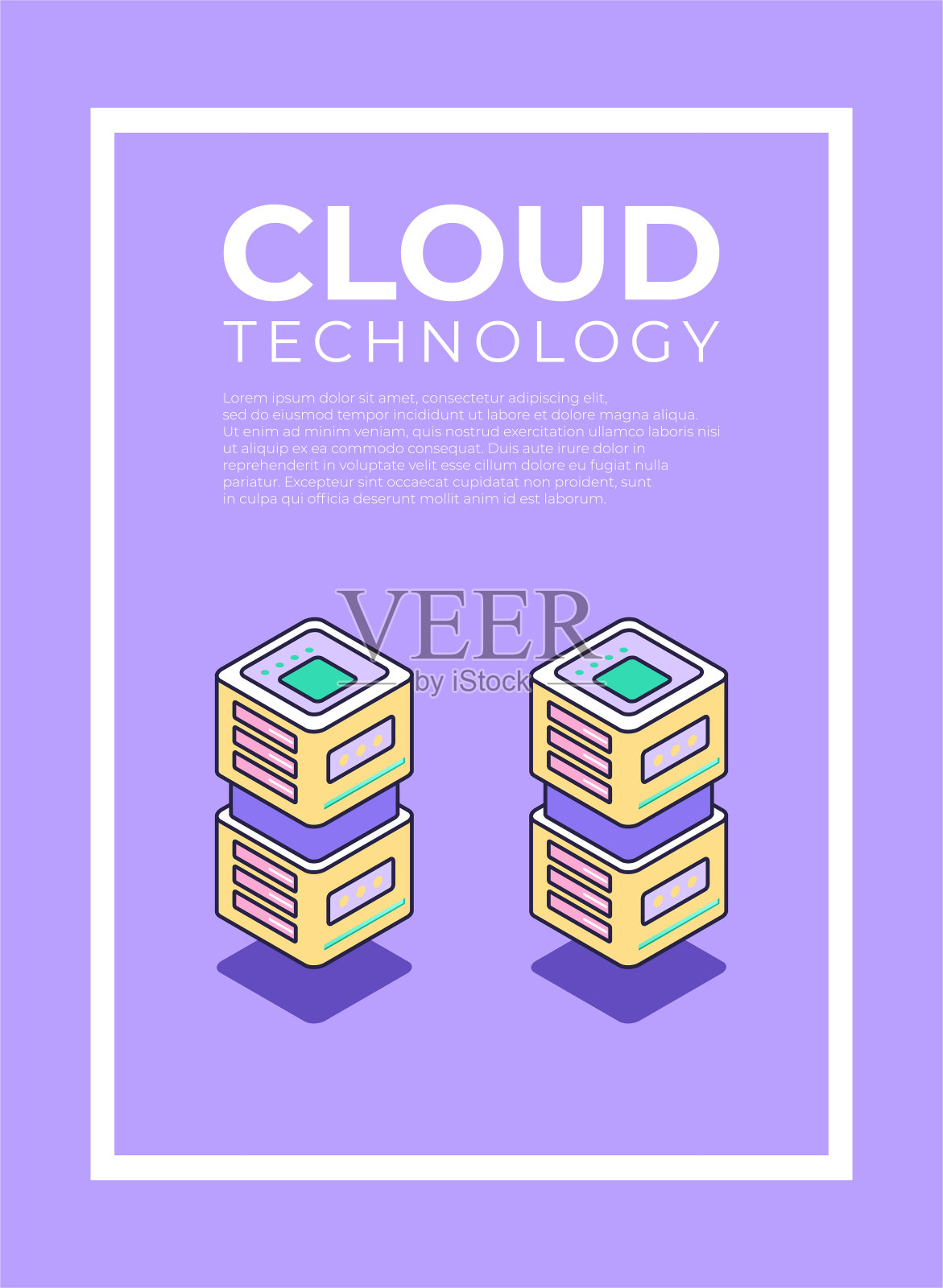 数据服务器海报概念。复古风格的云服务器技术。紫色背景上等距覆盖大数据概念。矢量图插画图片素材