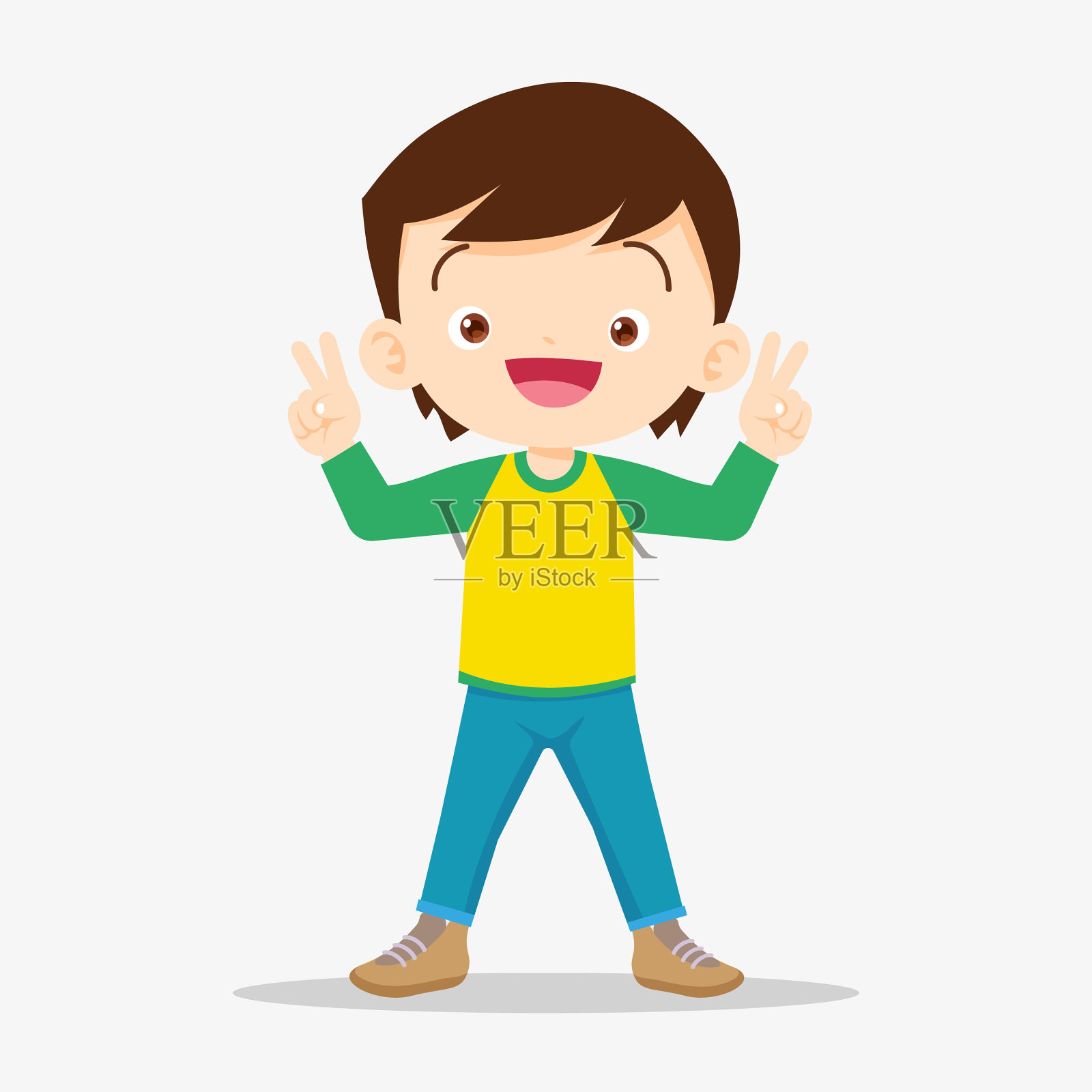 可爱的男孩表现出胜利的迹象，积极的认可插画图片素材