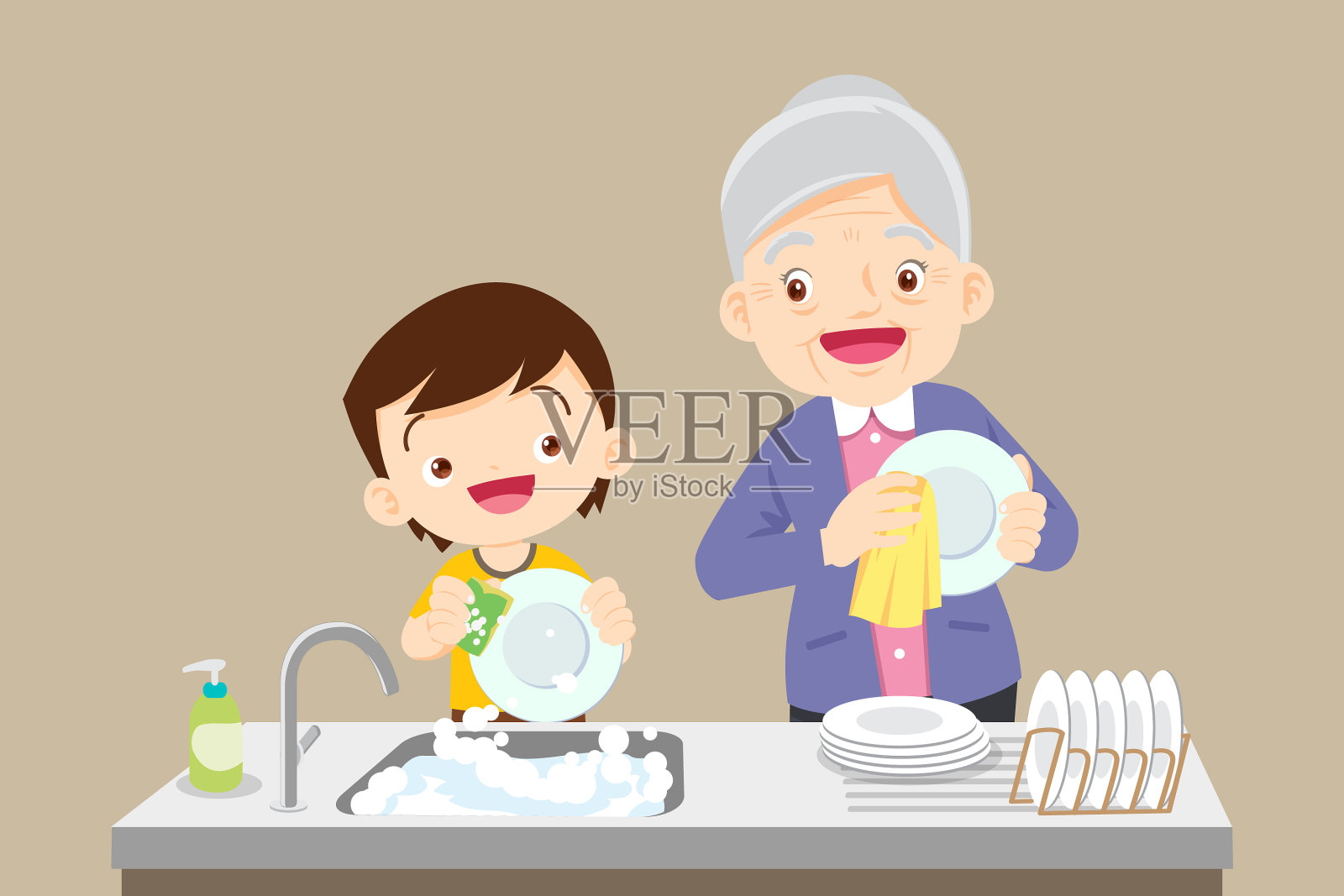 可爱的小男孩和奶奶一起洗碗插画图片素材