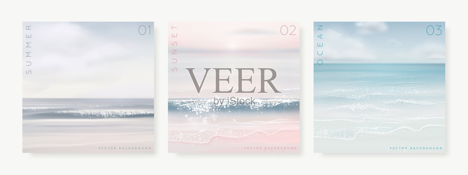 矢量景观背景集。美丽的现实插图沙质夏季海滩，天空和云插画图片素材