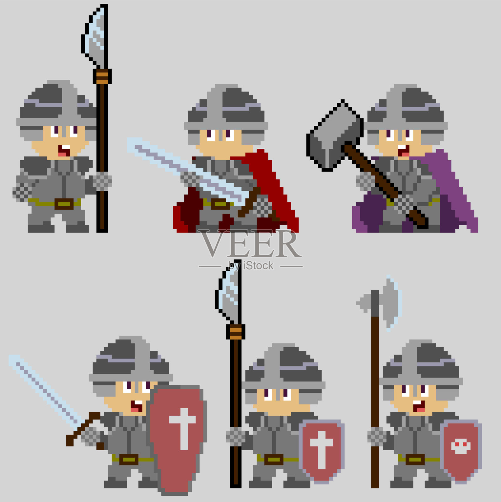 一套战士像素字符的艺术风格图标素材