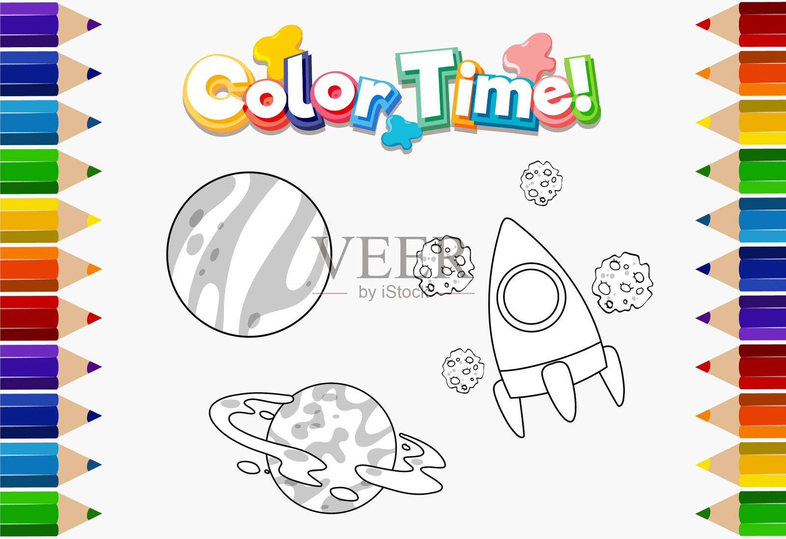 带有彩色时间文本和UFO的工作表模板插画图片素材