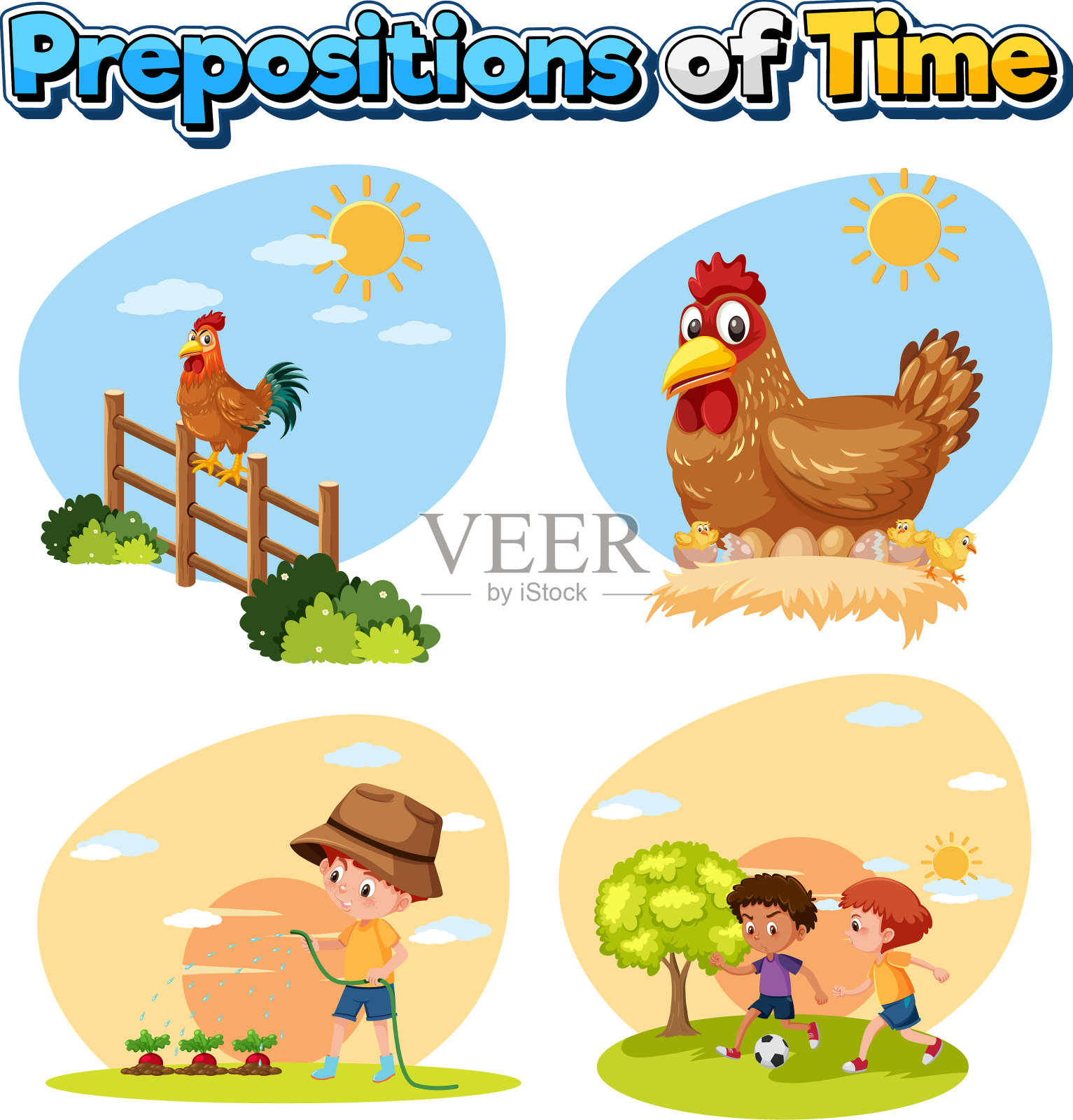 介词字卡设计有不同的时间插画图片素材