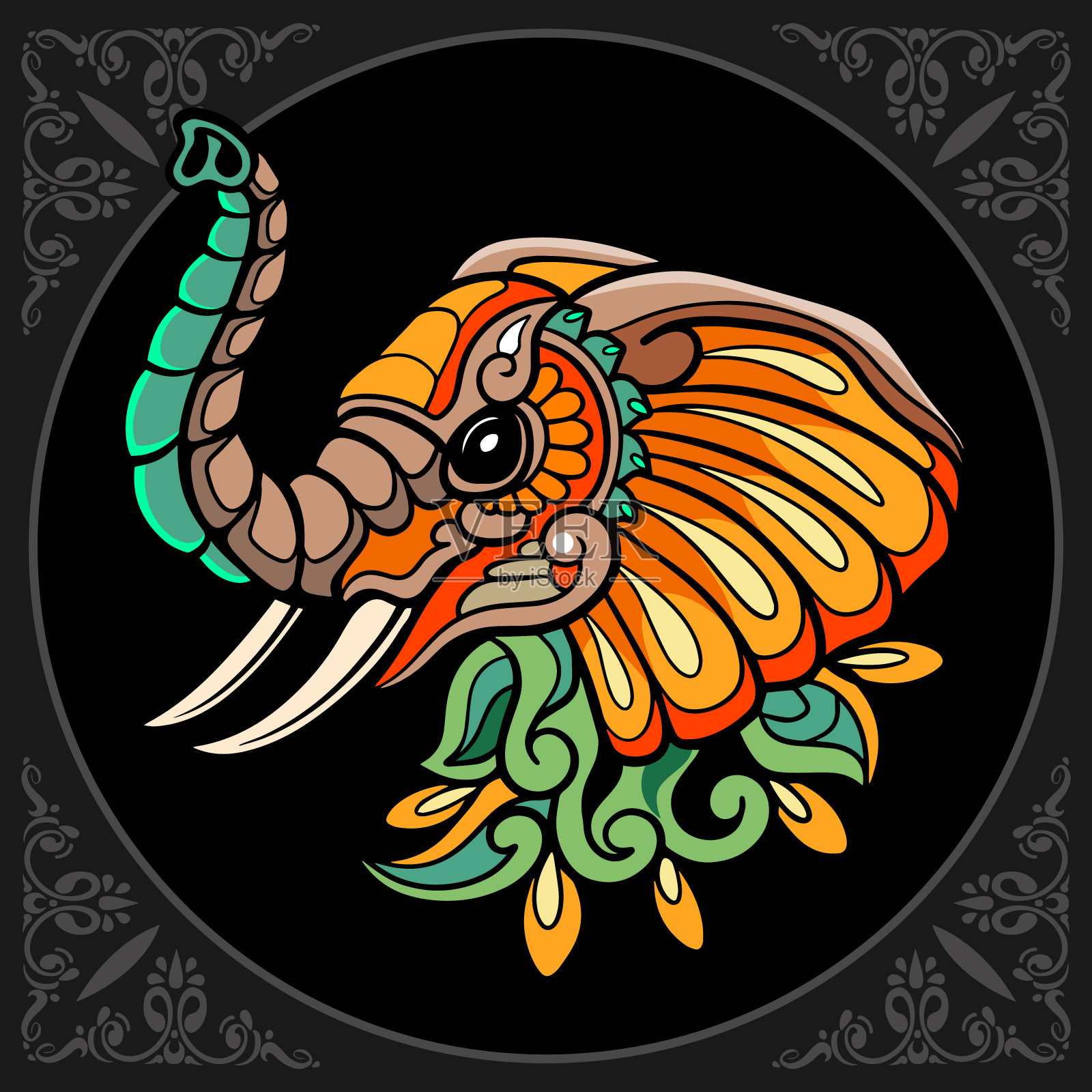 彩色大象艺术孤立在黑色背景插画图片素材