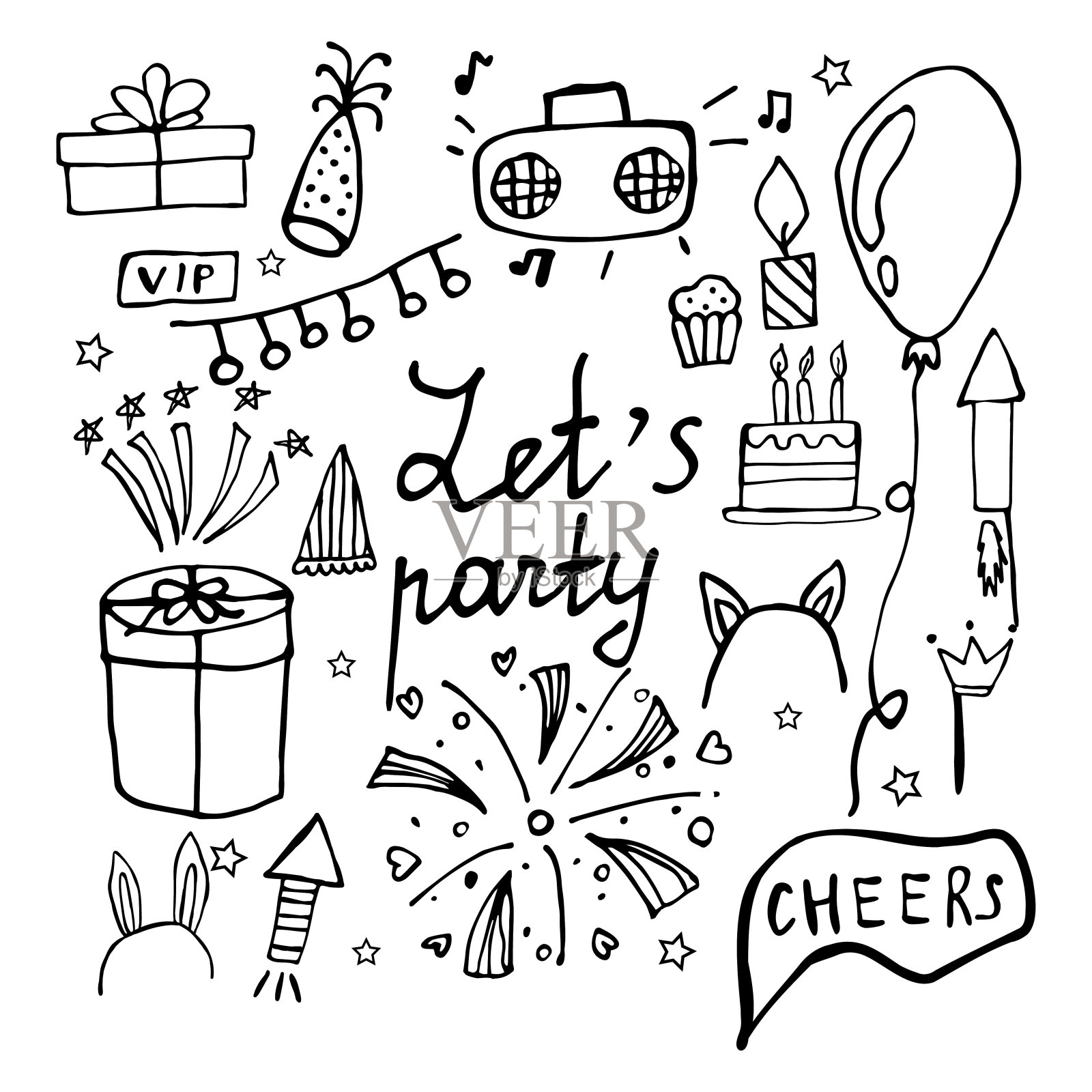 一大堆派对时间的剪贴画。剪贴艺术与涂鸦的特殊事件与烟花，花环，蛋糕，鸡尾酒，气球，蜡烛。手绘图标。插画图片素材