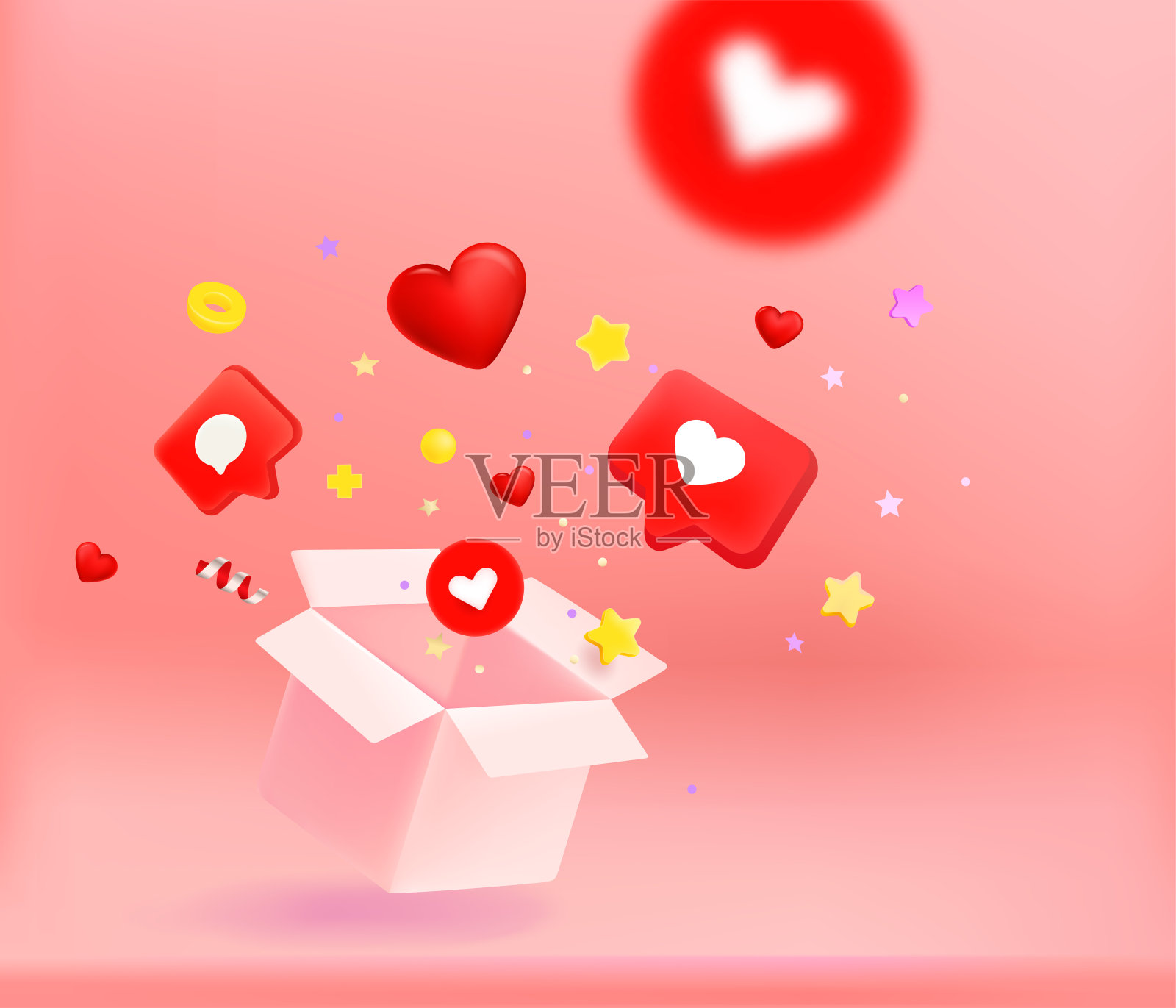 打开纸屑和心形的盒子。坠入爱河的概念。三维向量横幅插画图片素材