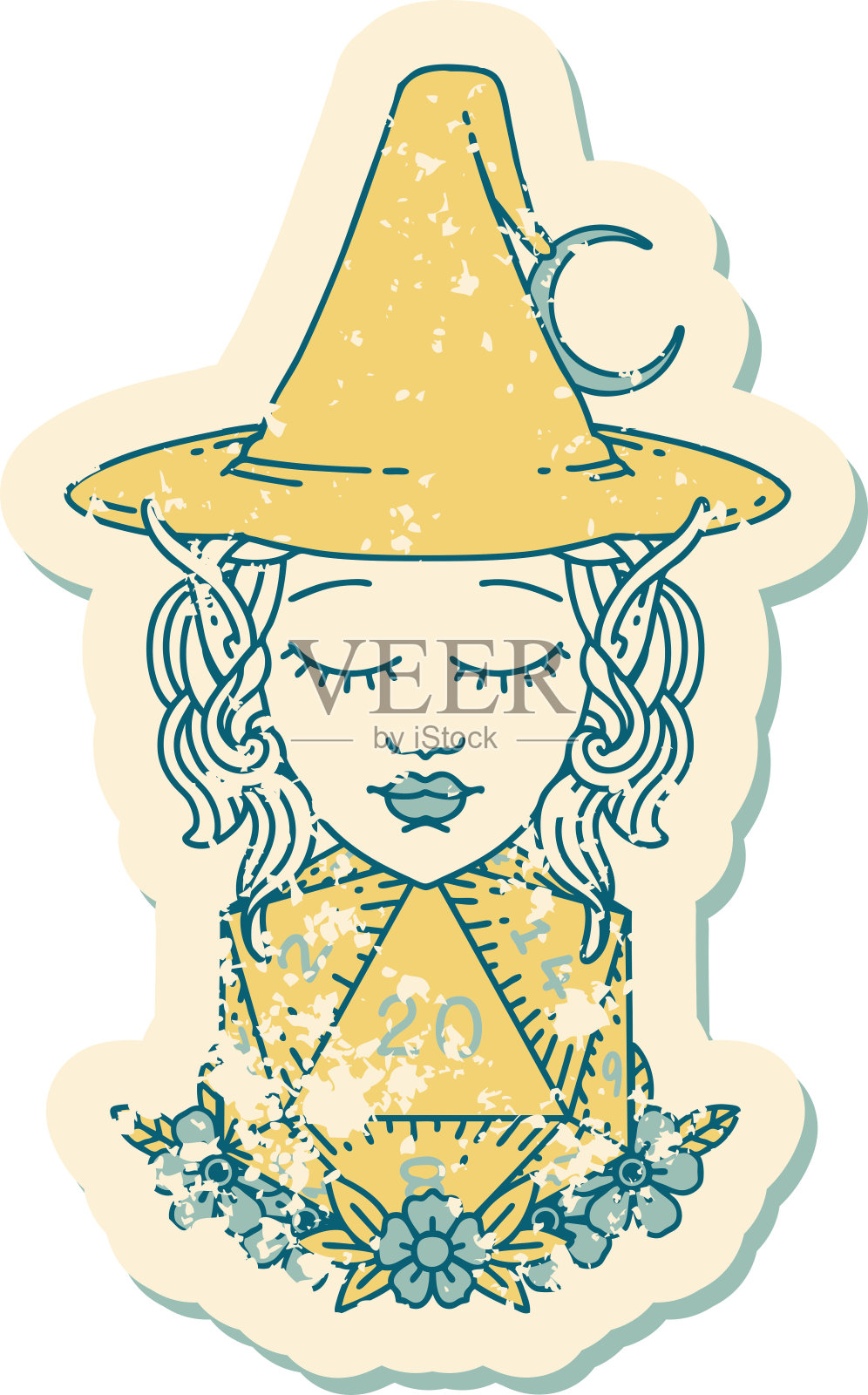 精灵法师角色与自然二十骰子滚动插图插画图片素材