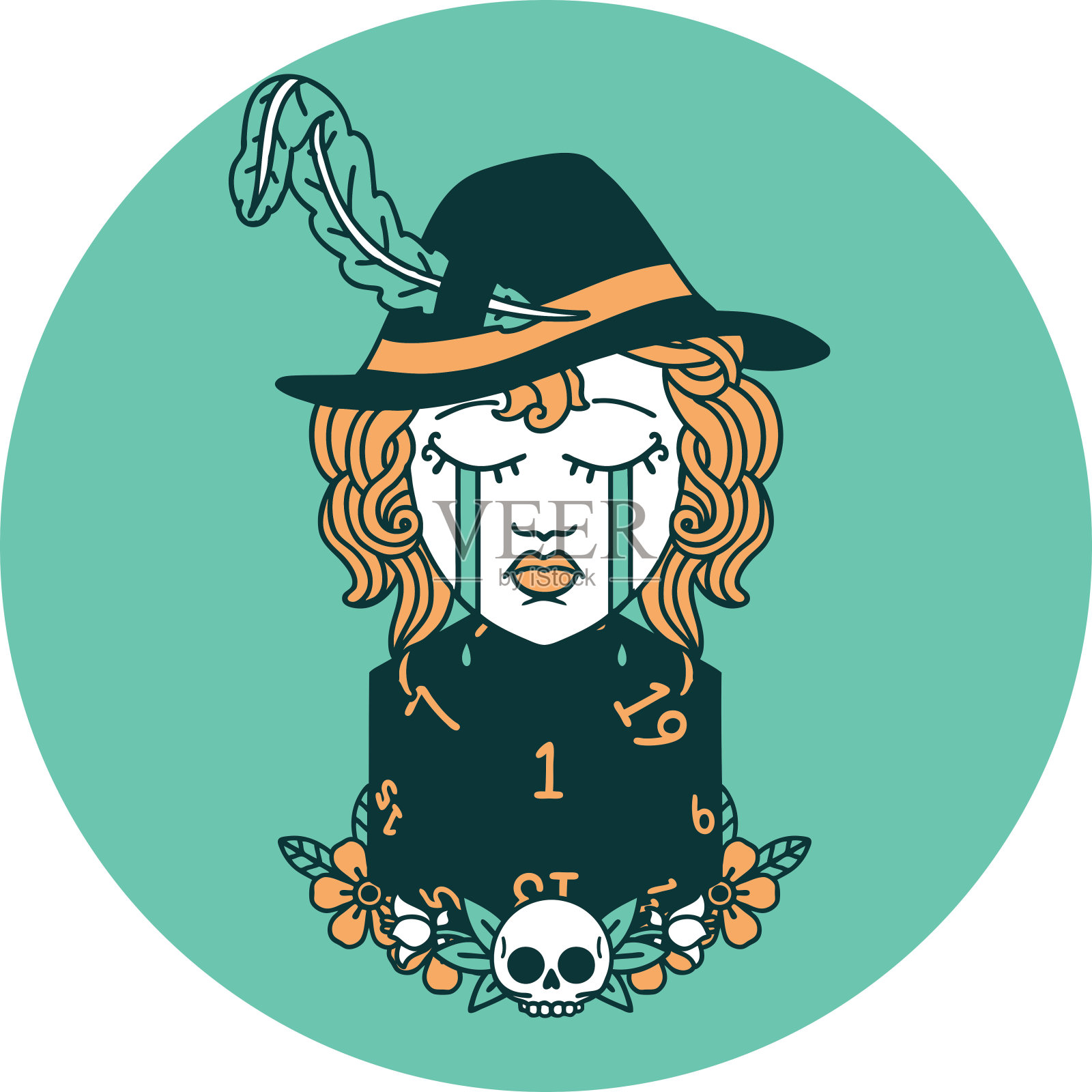 哭泣的人类诗人与一个天然的D20骰子滚动图标插画图片素材