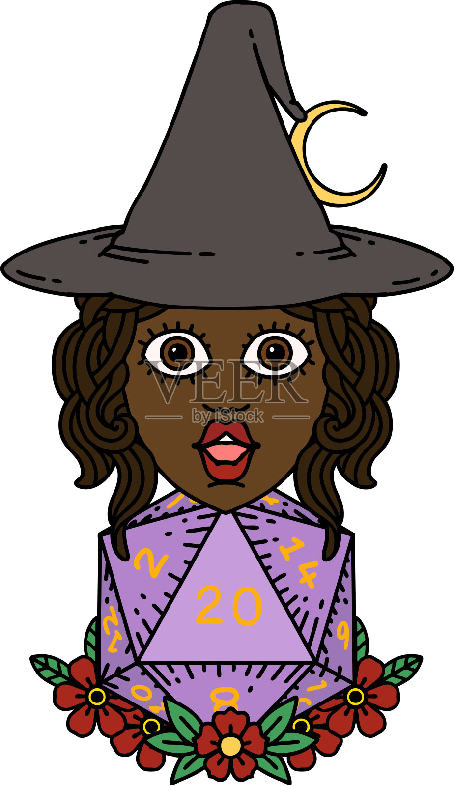 人类女巫与自然二十骰子滚动插图插画图片素材