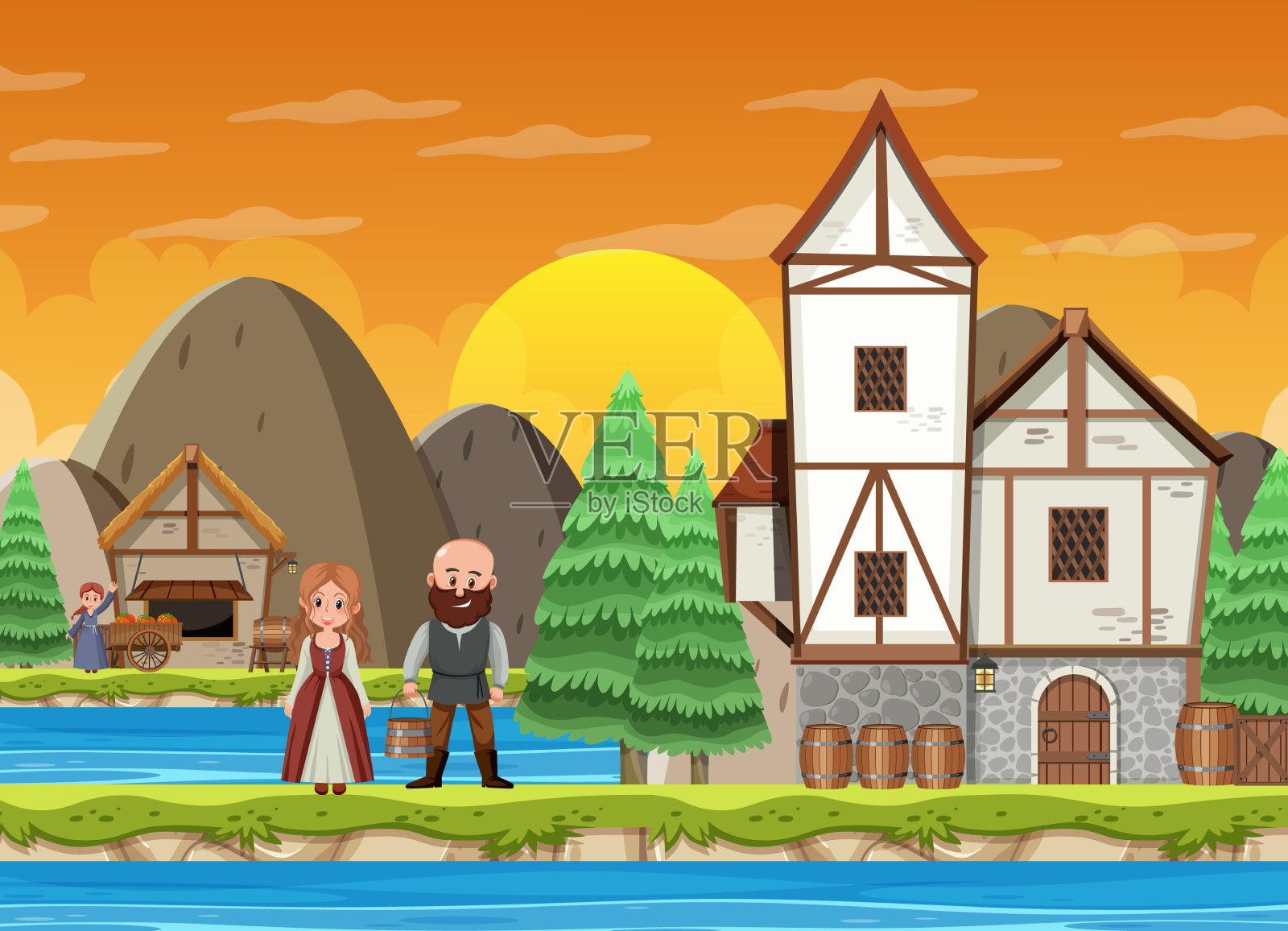 与村民一起的中世纪小镇场景插画图片素材