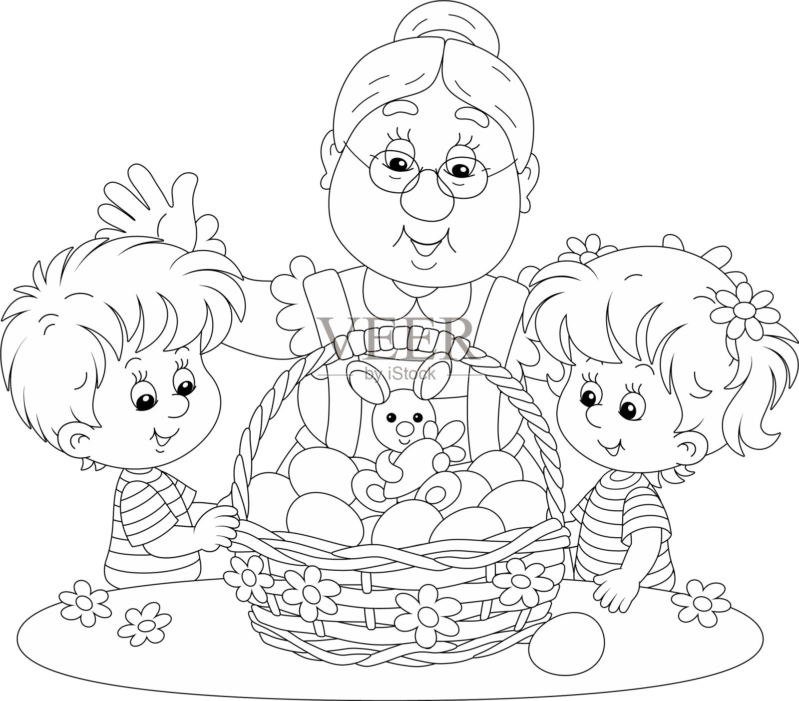 快乐的奶奶和孩子们带着复活节篮子设计元素图片