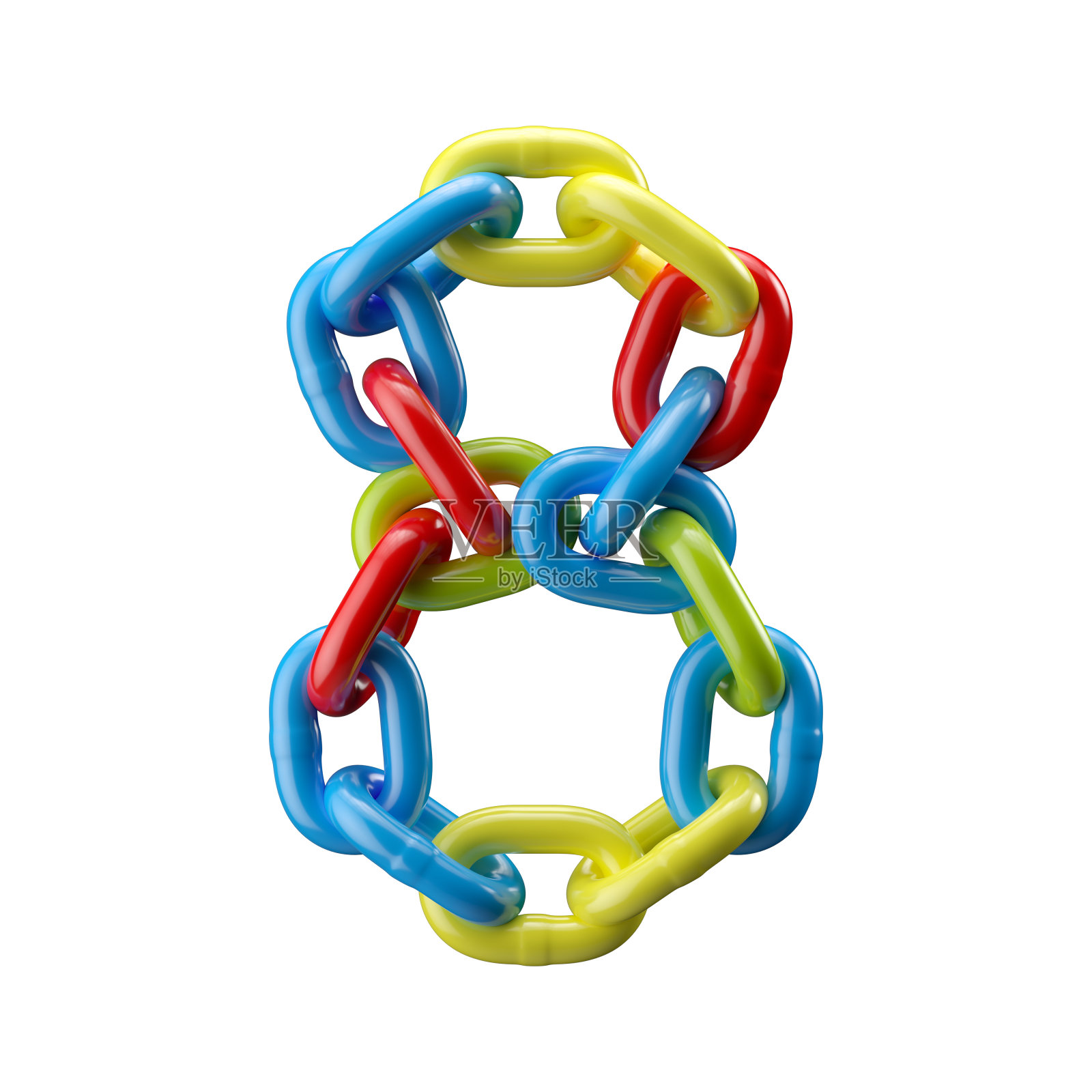 由彩色链组成的字母数字。3D插图孤立在白色背景上。照片摄影图片