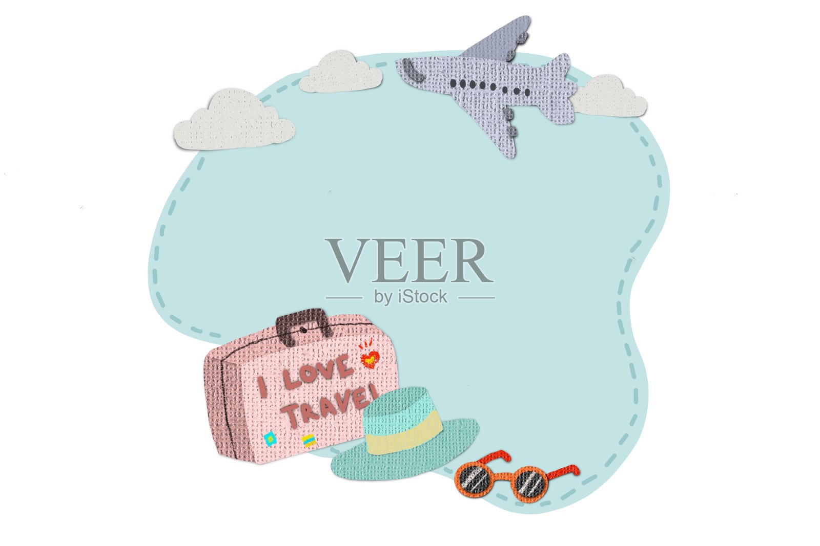 剪纸纹理风格的旅行涂鸦图标背景如飞机，太阳镜和帽子。假期度假。插画图片素材