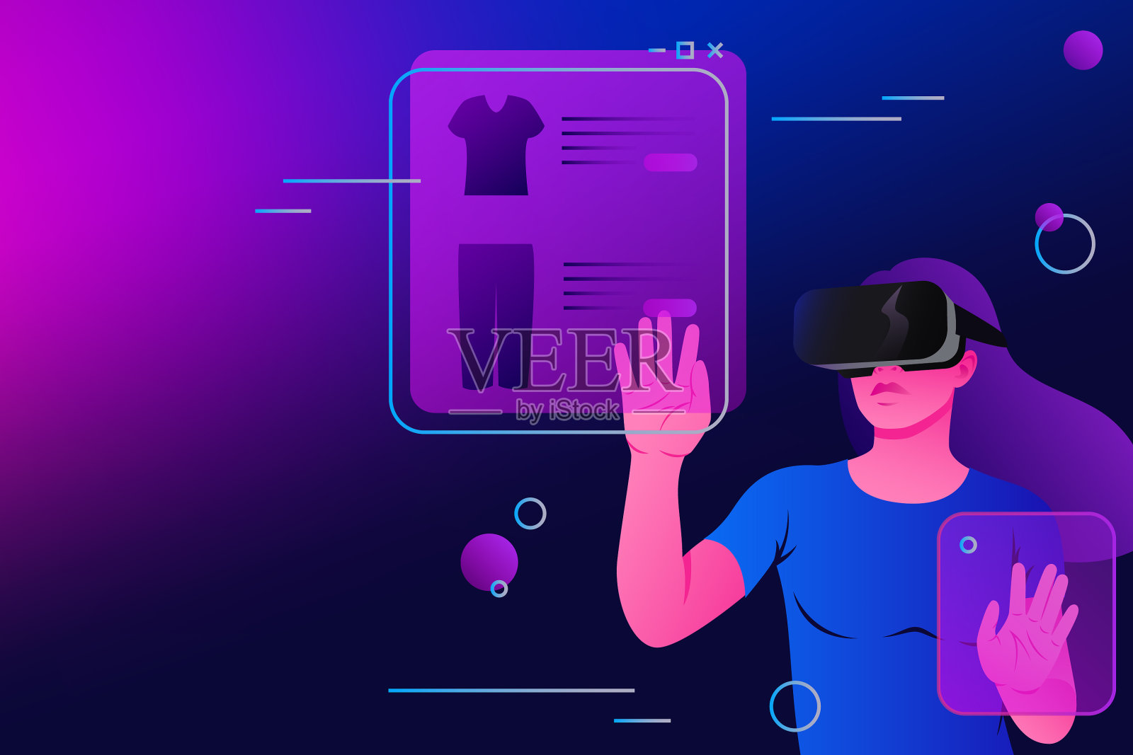 在虚拟现实中购物，戴眼镜的女人插画图片素材