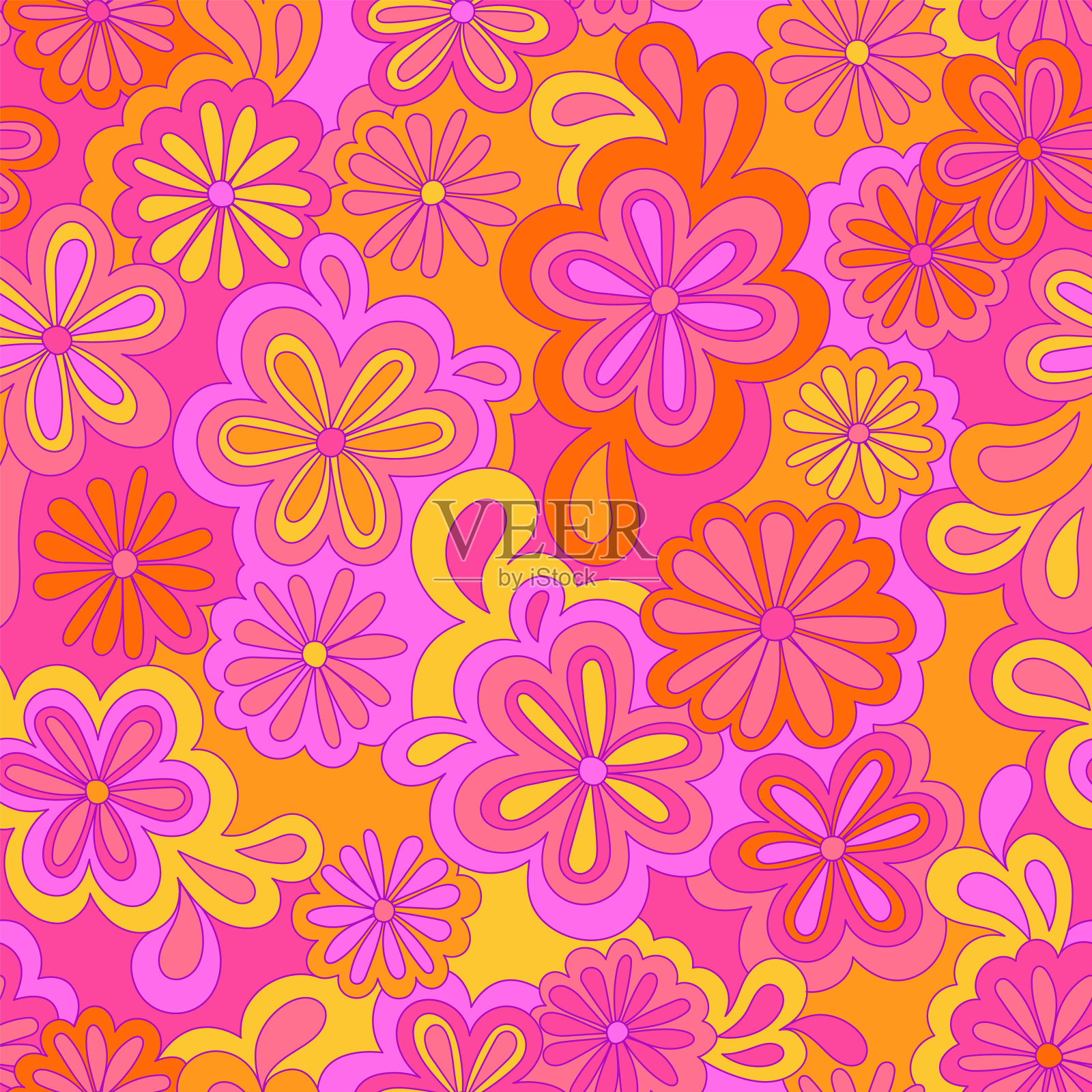 花卉迷幻嬉皮无缝图案。矢量怀旧的复古花朵，60年代的groovy打印。复古70年代的背景。纺织品和表面设计与老式的手工绘制抽象花卉插画图片素材