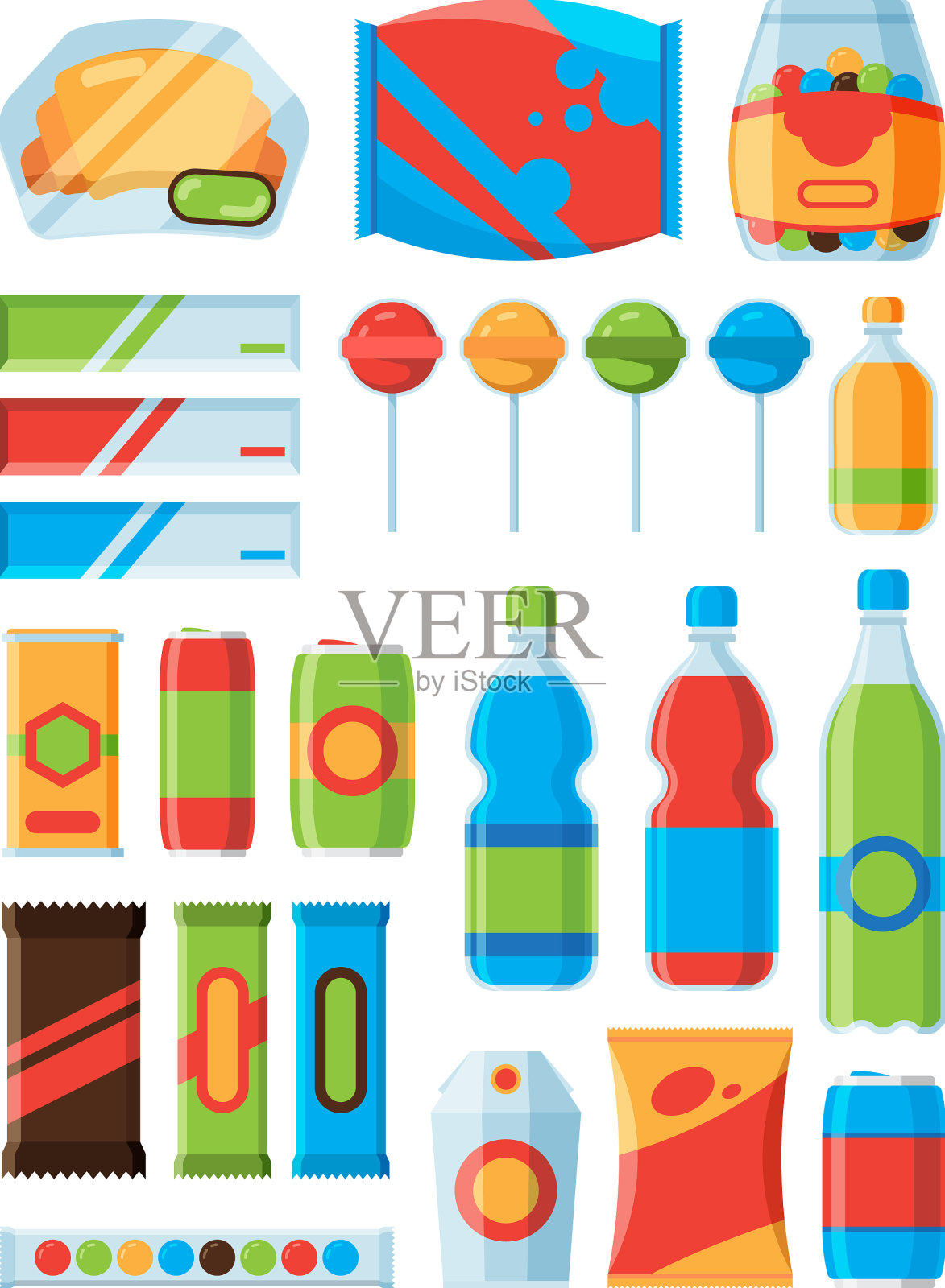 零食、快餐、苏打饮料、薯片、坚果、巧克力插画图片素材