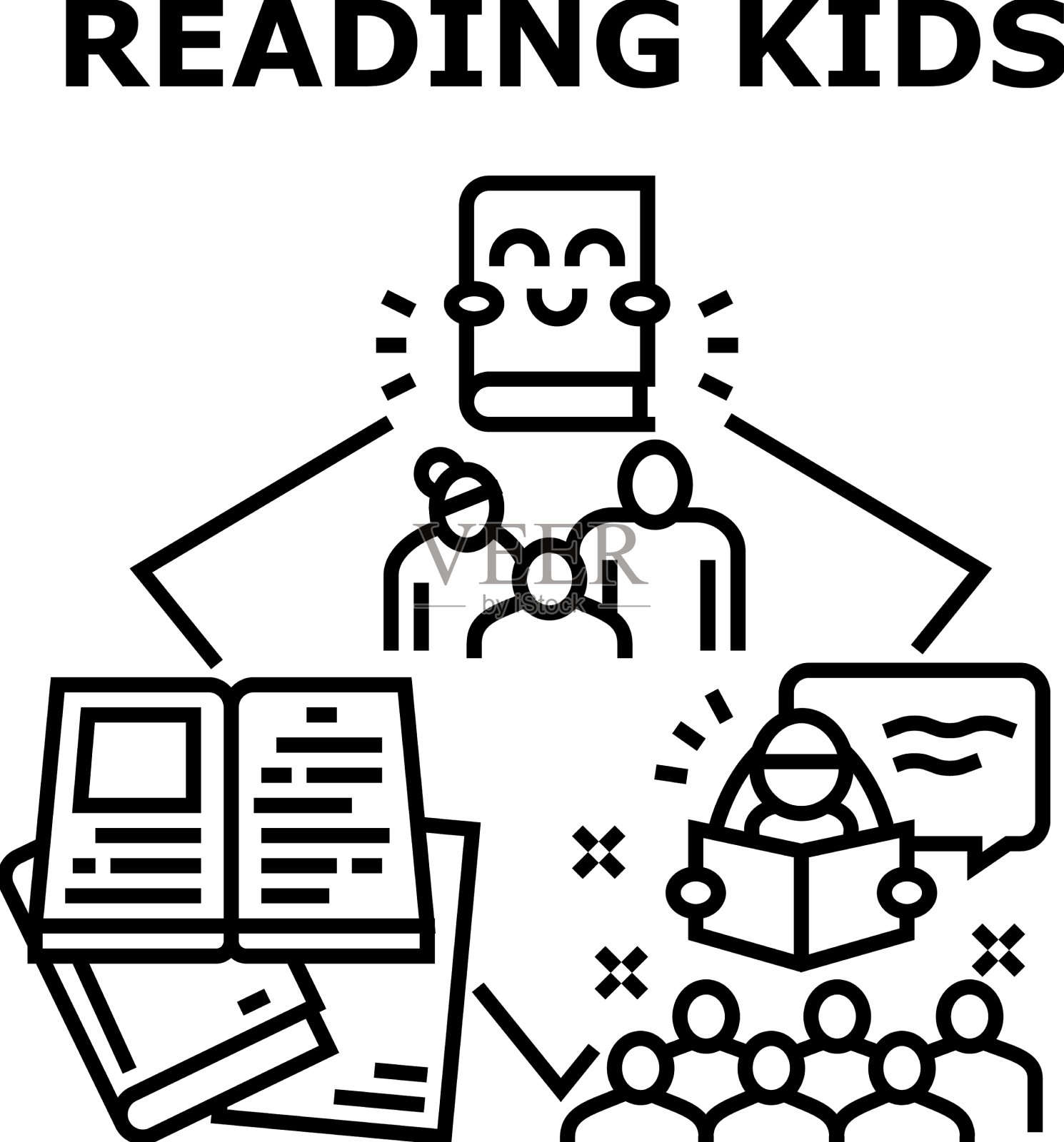 儿童阅读概念黑插画图片素材