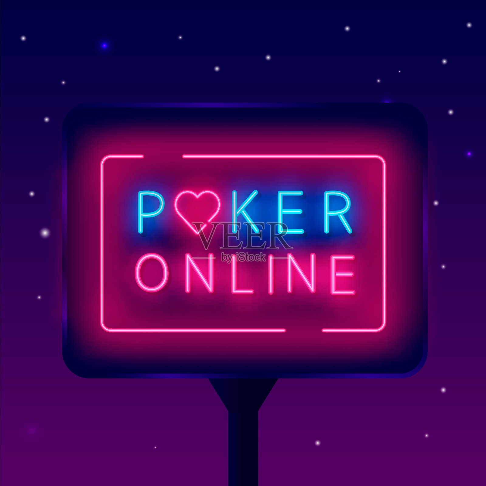 扑克俱乐部霓虹灯广告牌。框架和心脏。纸牌游戏的爱人。光明街广告。向量股票插图插画图片素材