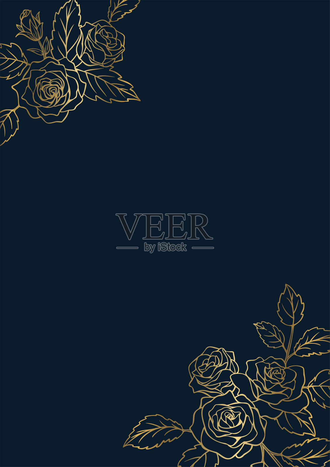 用玫瑰装饰的花设计的框架。金色的线绘制在海军蓝的背景。插画图片素材