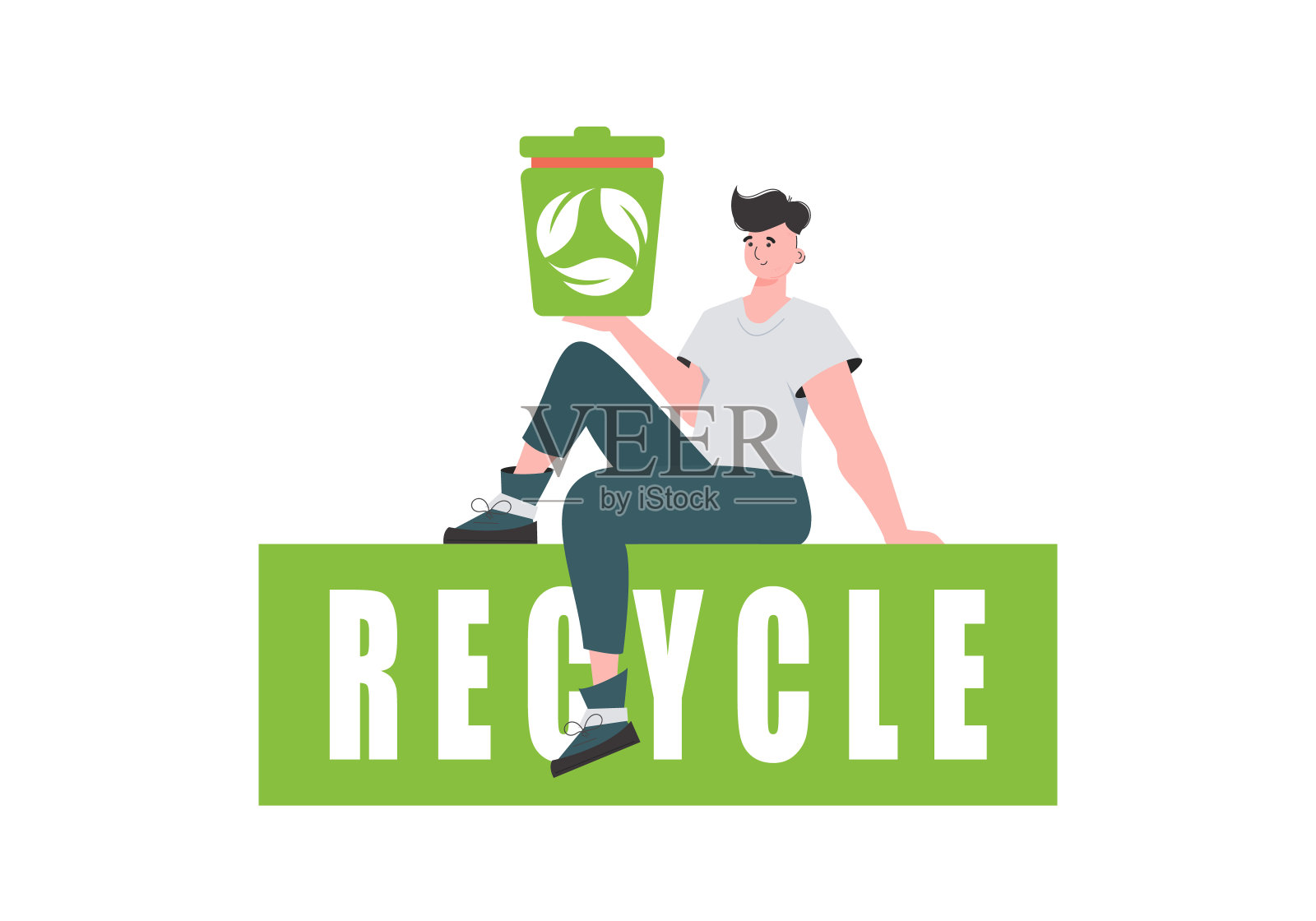 一个男人坐在那里，手里拿着一个骨灰盒。生态和循环的概念。孤立在白色背景。插画图片素材