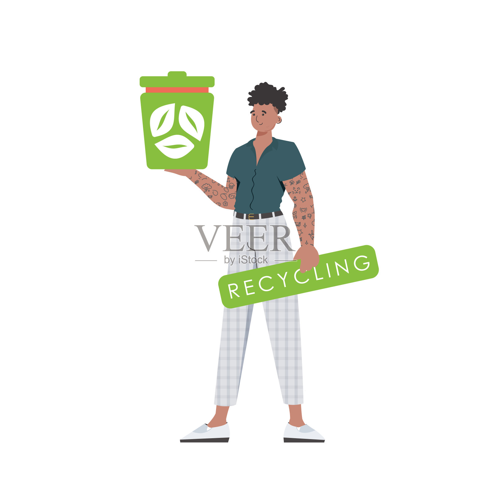 这名男子在照片中已经发育成熟，手里拿着一个骨灰盒。循环利用，零浪费的理念。孤立。时尚个性的风格。Vetcor。插画图片素材
