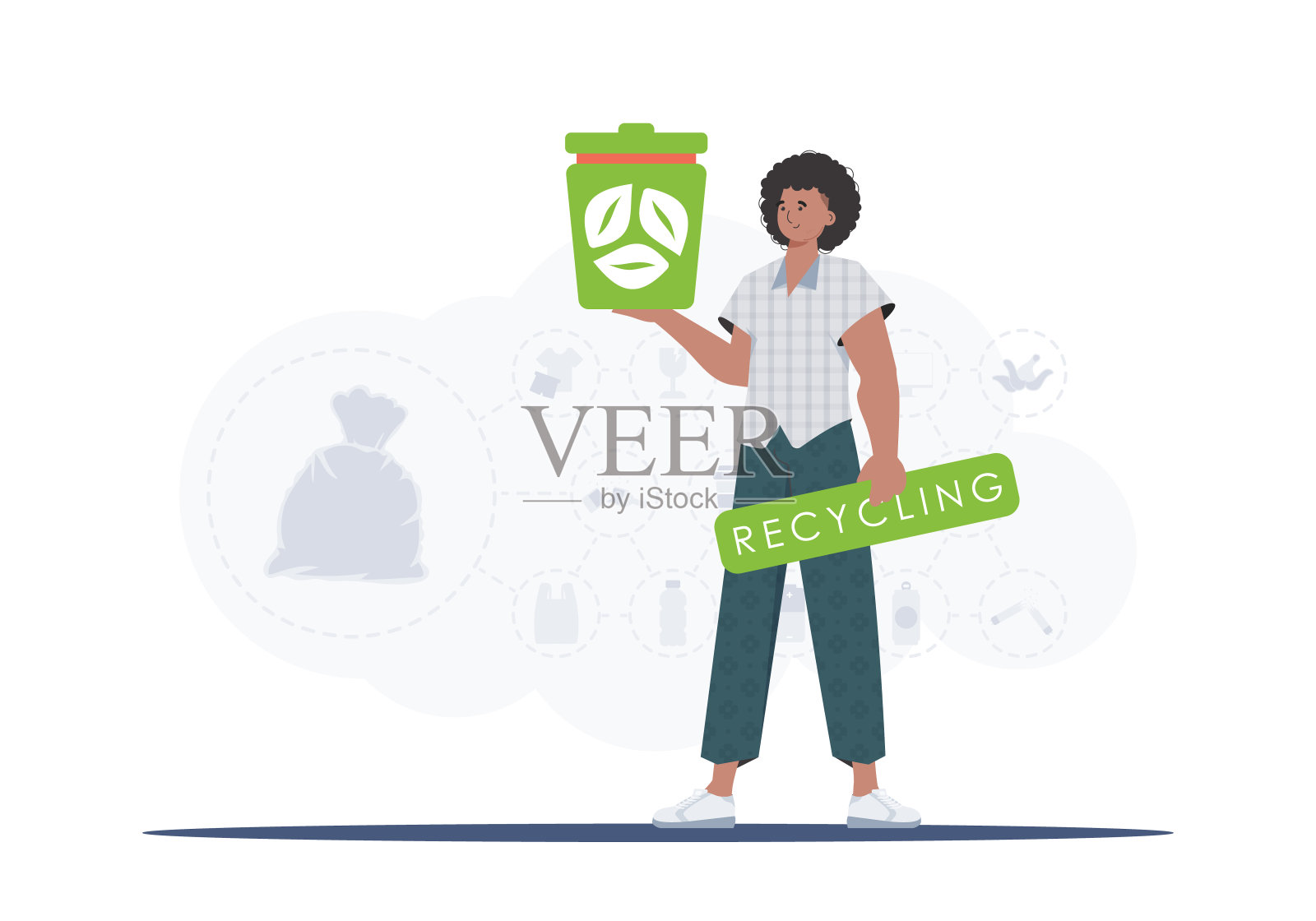 循环利用，零浪费的理念。一个男人手里拿着一个垃圾桶。时尚个性的风格。Vetcor。插画图片素材