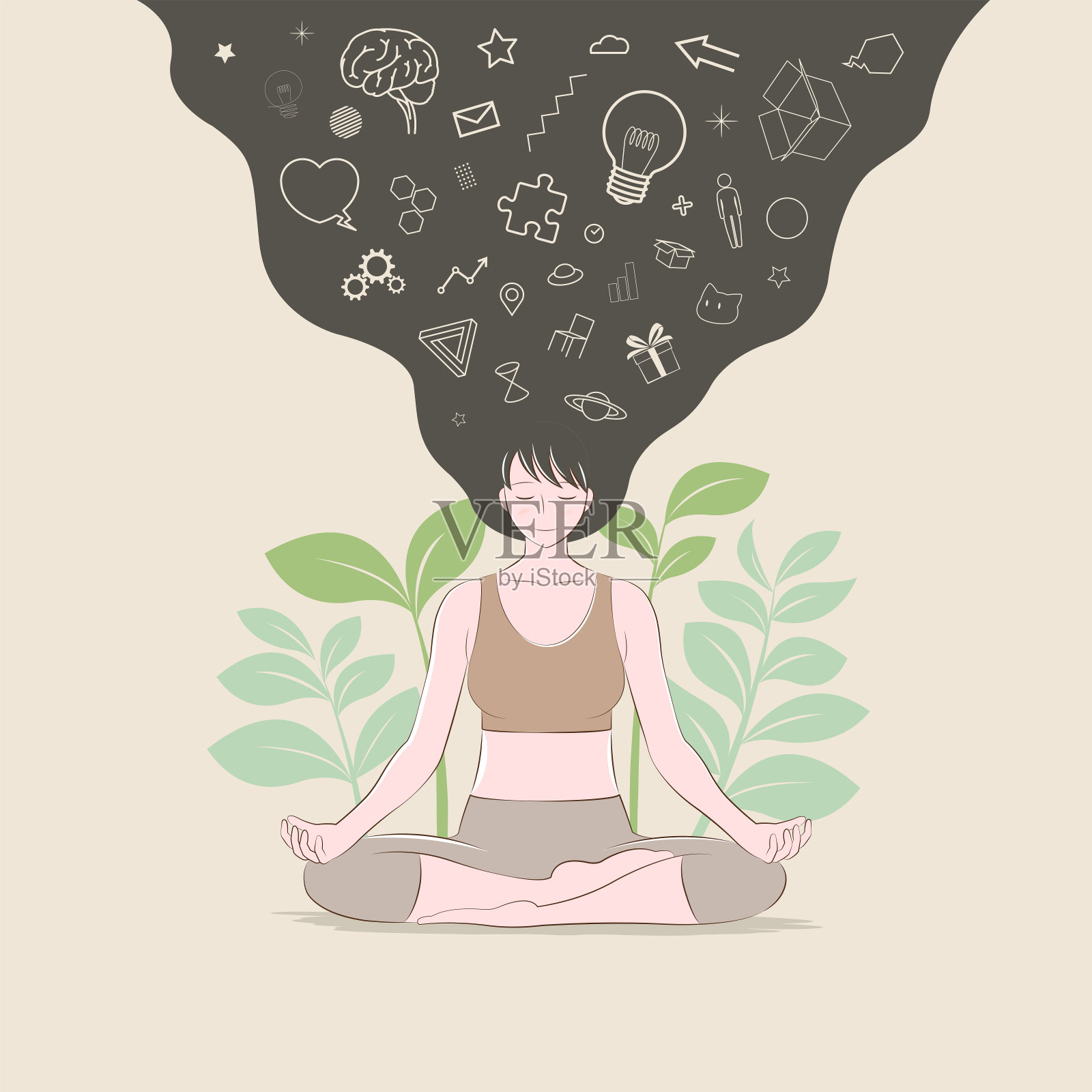 通过做瑜伽练习冥想和正念的女人插画图片素材