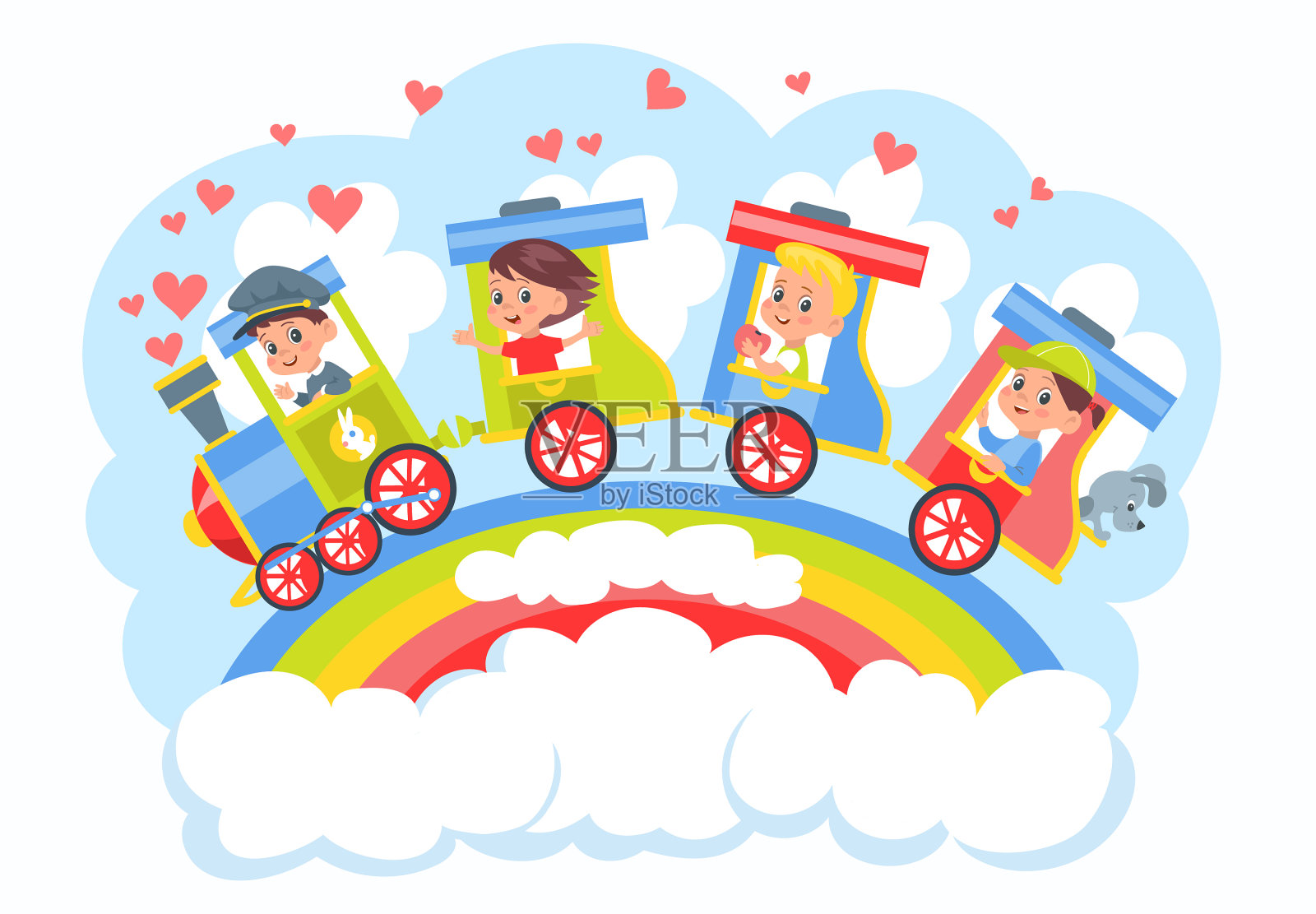 孩子们训练，男孩和女孩骑在彩色的插画图片素材