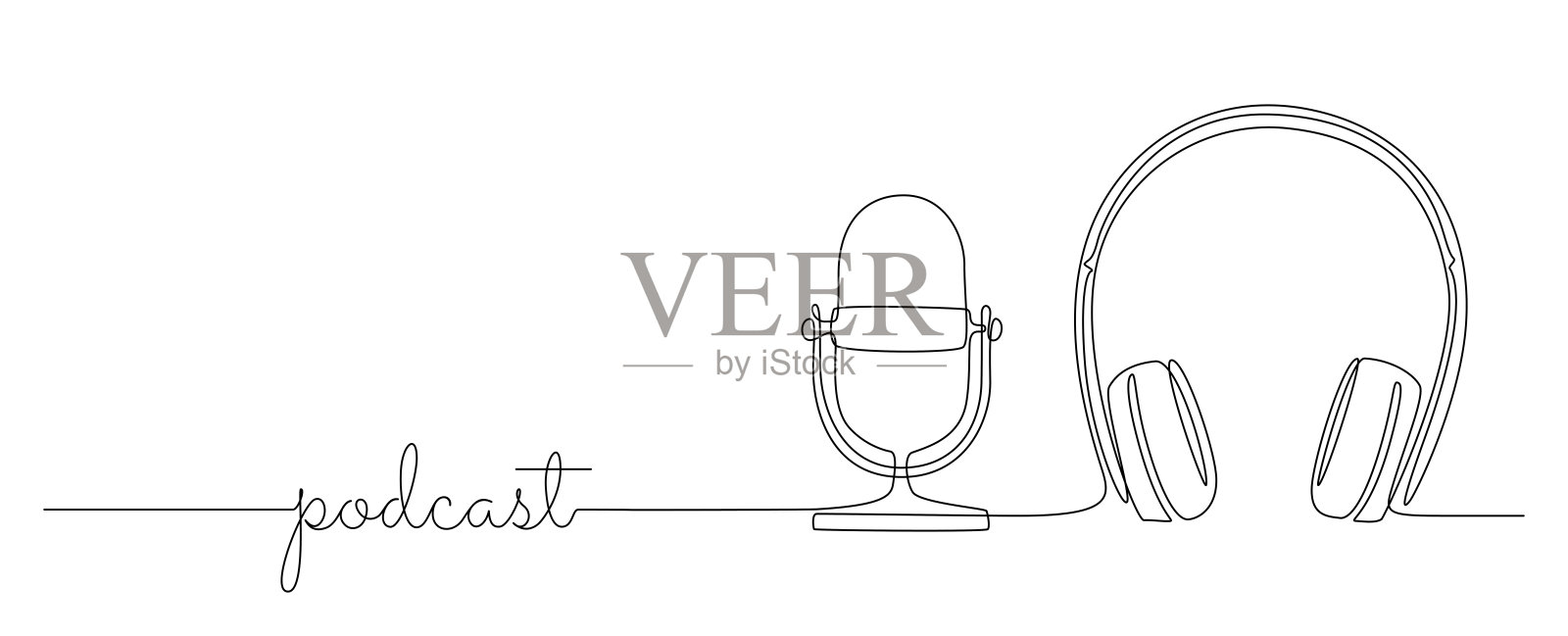 连续画耳机喇叭和麦克风的一条线。音乐小工具麦克风和耳机设备在简单的线性风格。可编辑的中风。画矢量图插画图片素材