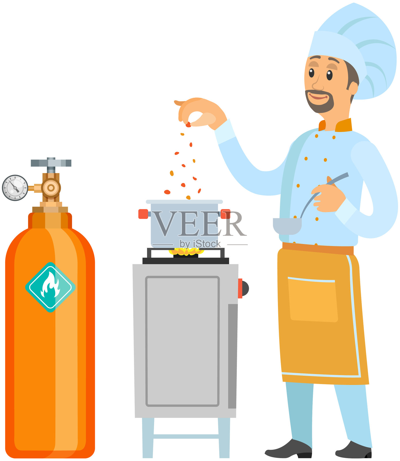 厨师使用带有燃烧器的炉子做饭插画图片素材