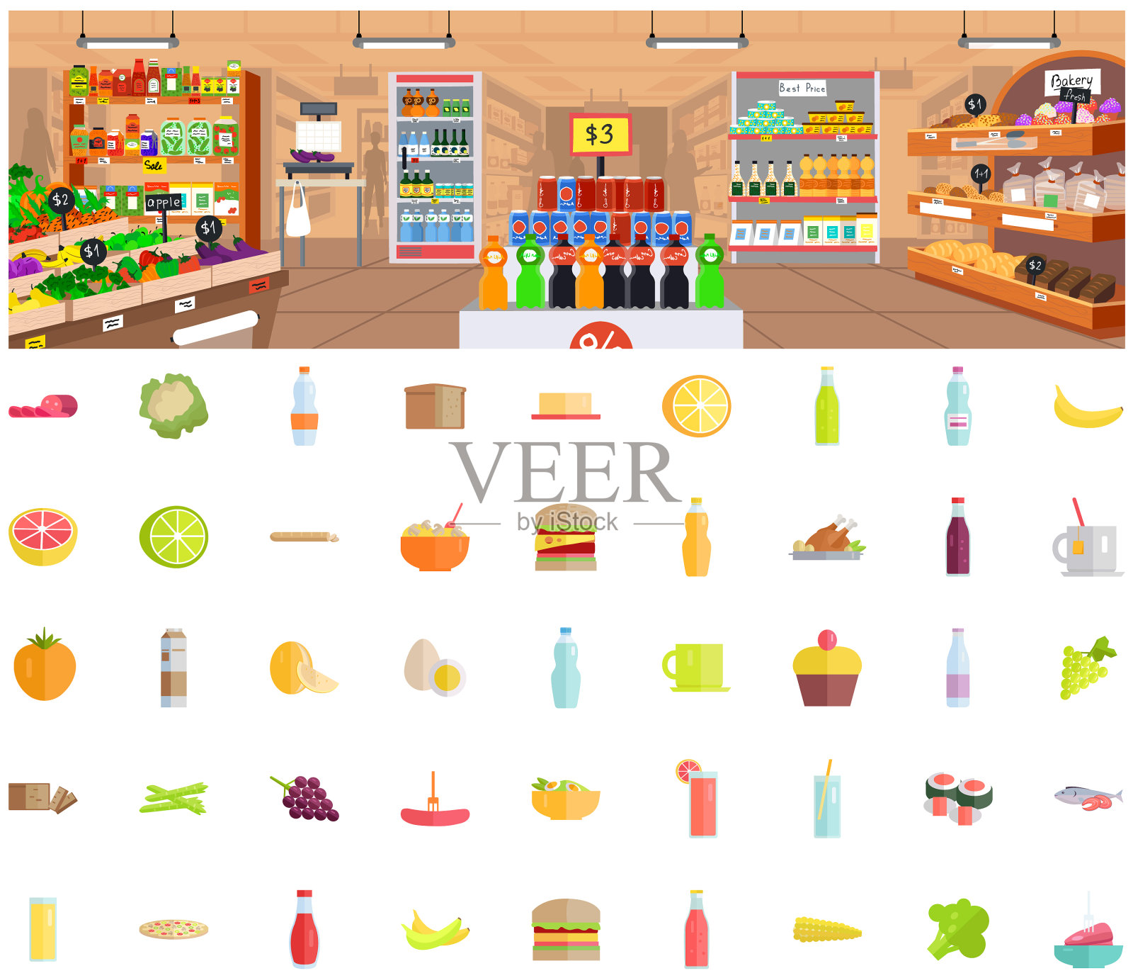 超市内饰与杂货店不同插画图片素材