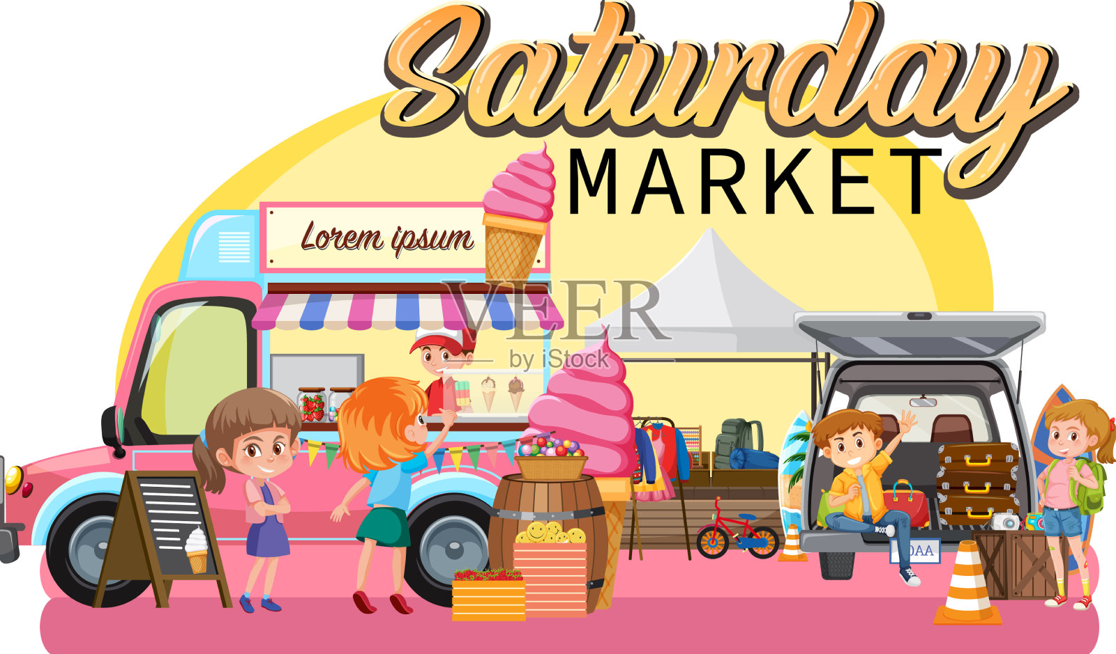 跳蚤市场概念与食品卡车设计元素图片