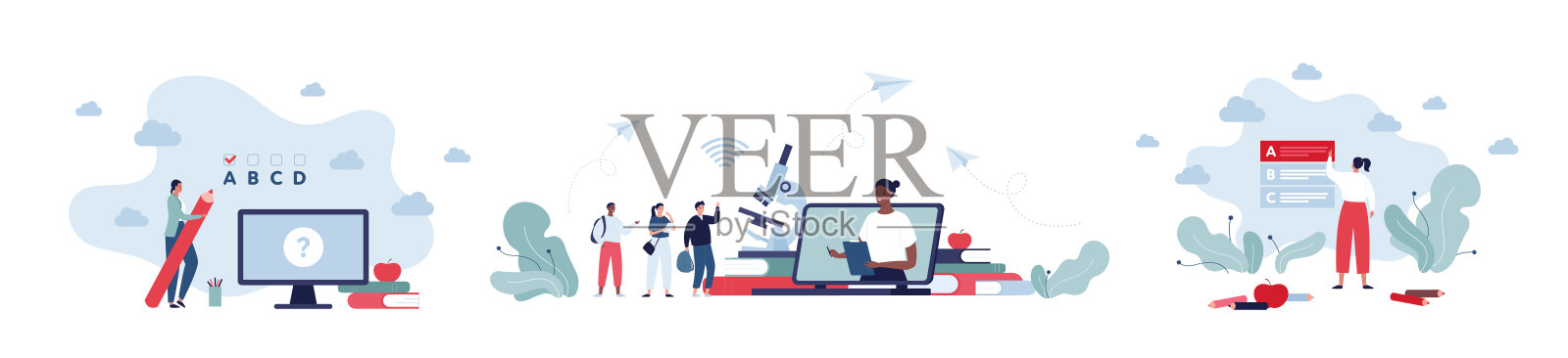 教育理念包。矢量平面插图集。女人选择了考试题的答案。非洲女教师在笔记本电脑屏幕和一群学生。显微镜，苹果和wifi符号。插画图片素材